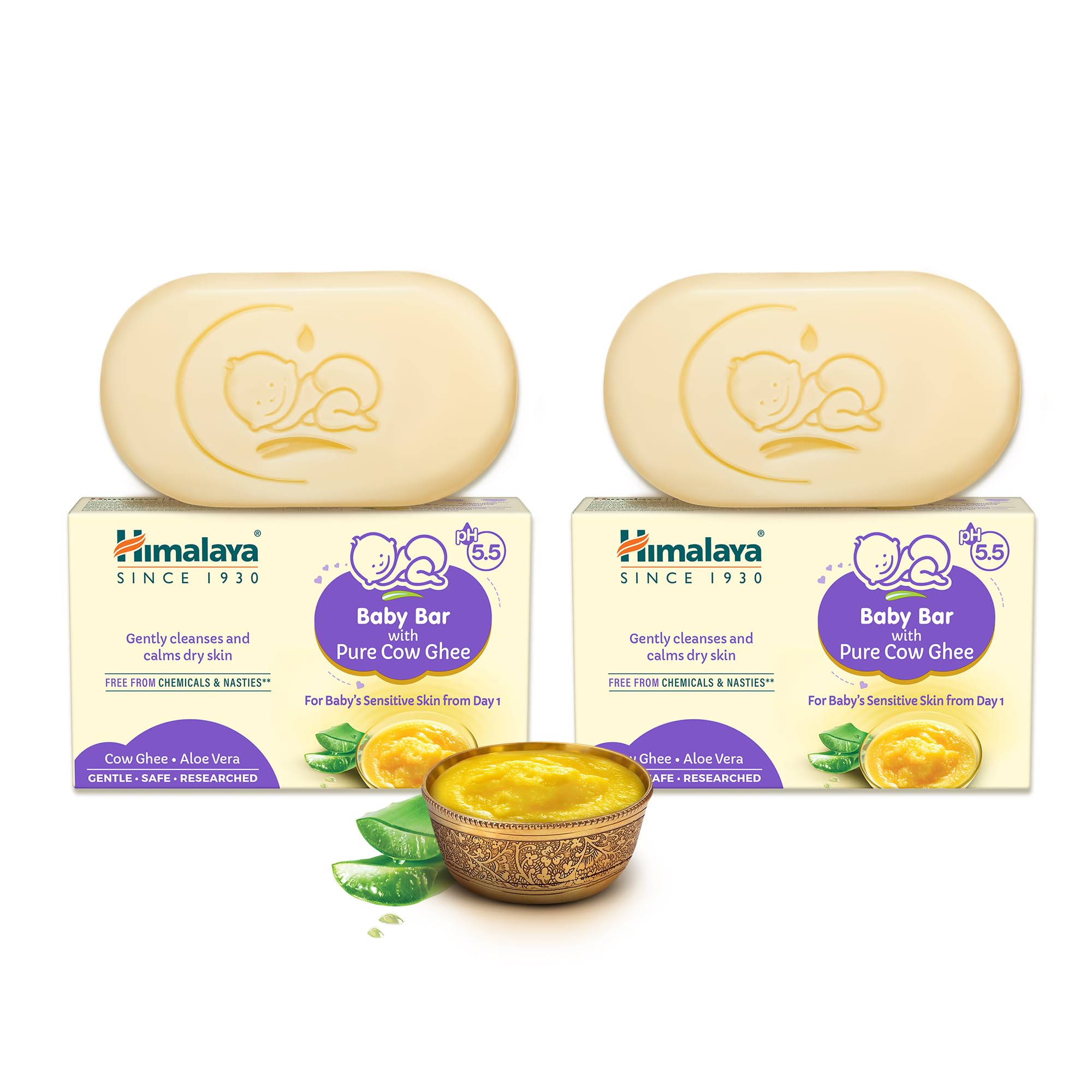 Himalaya Baby Bar with Pure Cow Ghee 125G|ph 5.5|Aloe vera|Soap free|Derma Tested | Safe for newborns|For baby's sensitive skin from day 1 (Pack of 2)-image-29