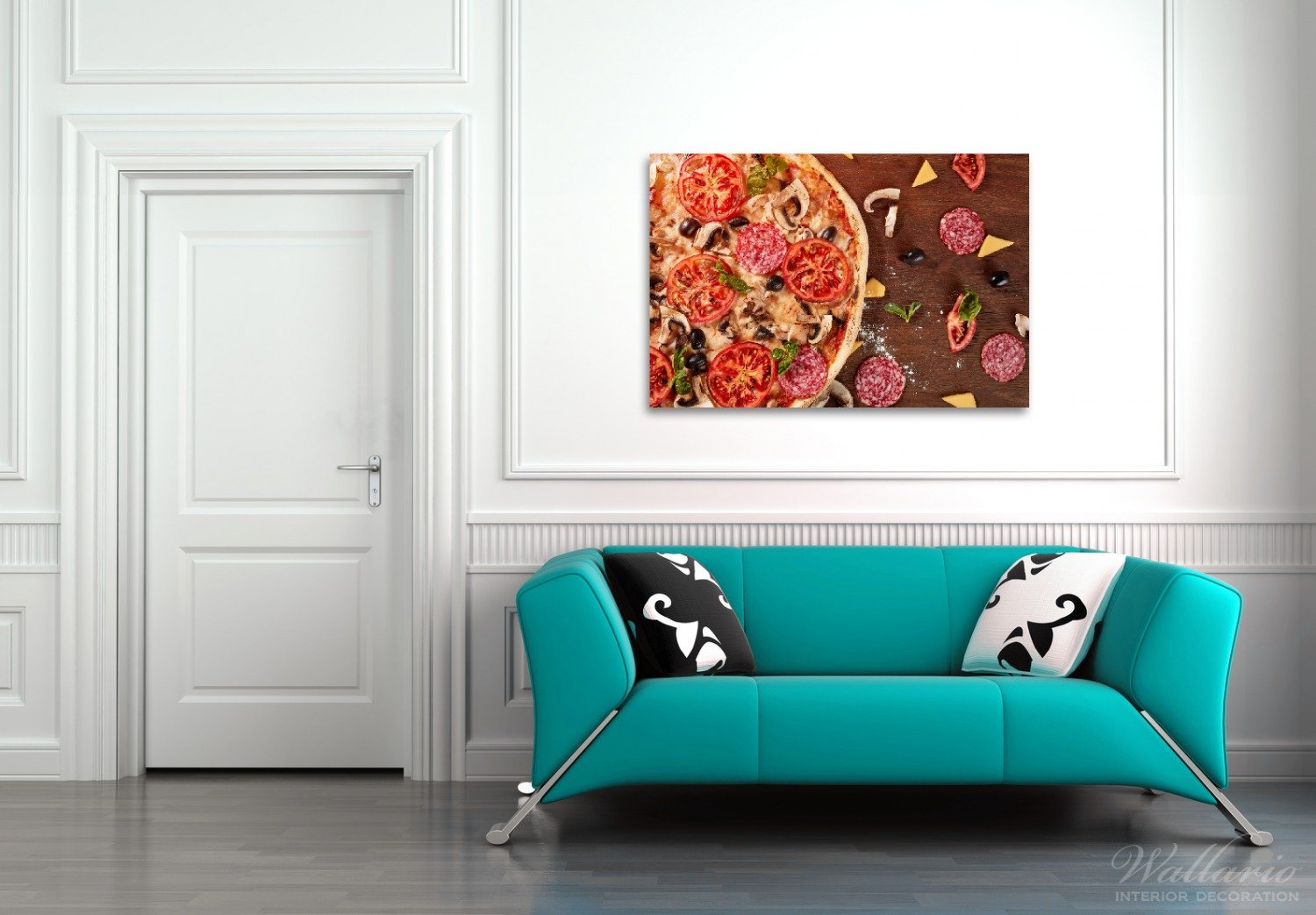 Wallario Wandbild aus Acryl, 60 x 90 cm, freischwebende Optik - Pizza mit Tomaten, Salami, Oliven und Pilzen