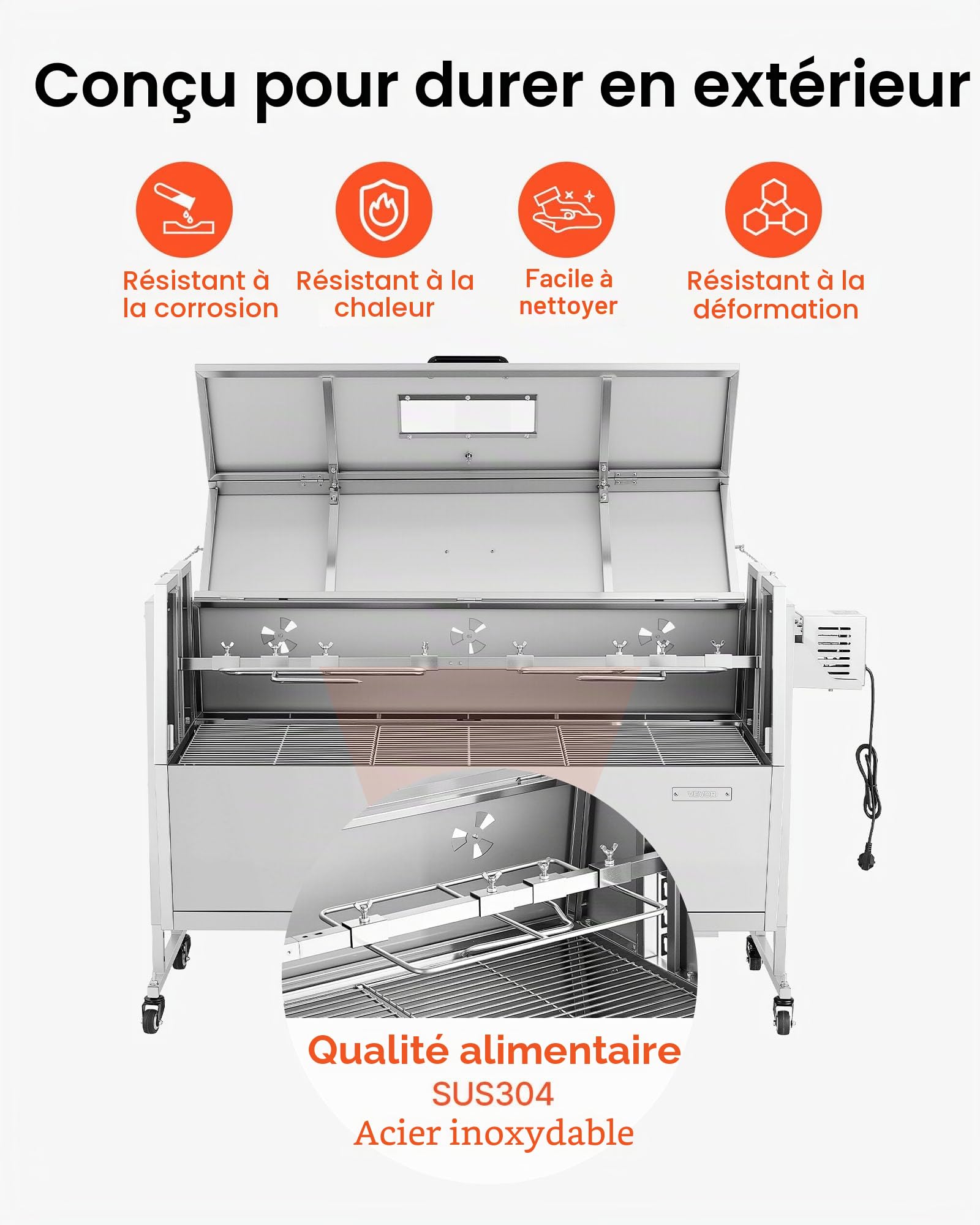 VEVOR Barbecue à Charbon Chargeant 60 kg, Barbecue Rôtissoire avec Roues, Kit de Tournebroche Électrique 38 W, 4 Niveaux de Hauteur, Broche en Acier Inoxydable, pour Agneau Porcelet, Extérieur