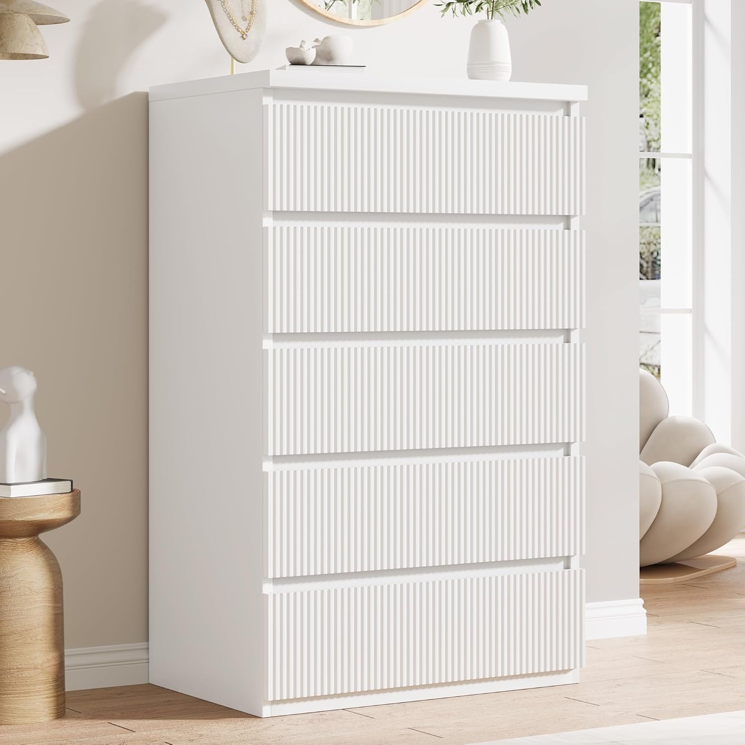 Modern 5 Drawer Dresser, 43" Tall Dressers for Bedroom, Fluted Dresser with Hidden Handle Design, Wood Mid Century Vertical Dresser Natural Texture for Bedroom, White Dresser - Image 3