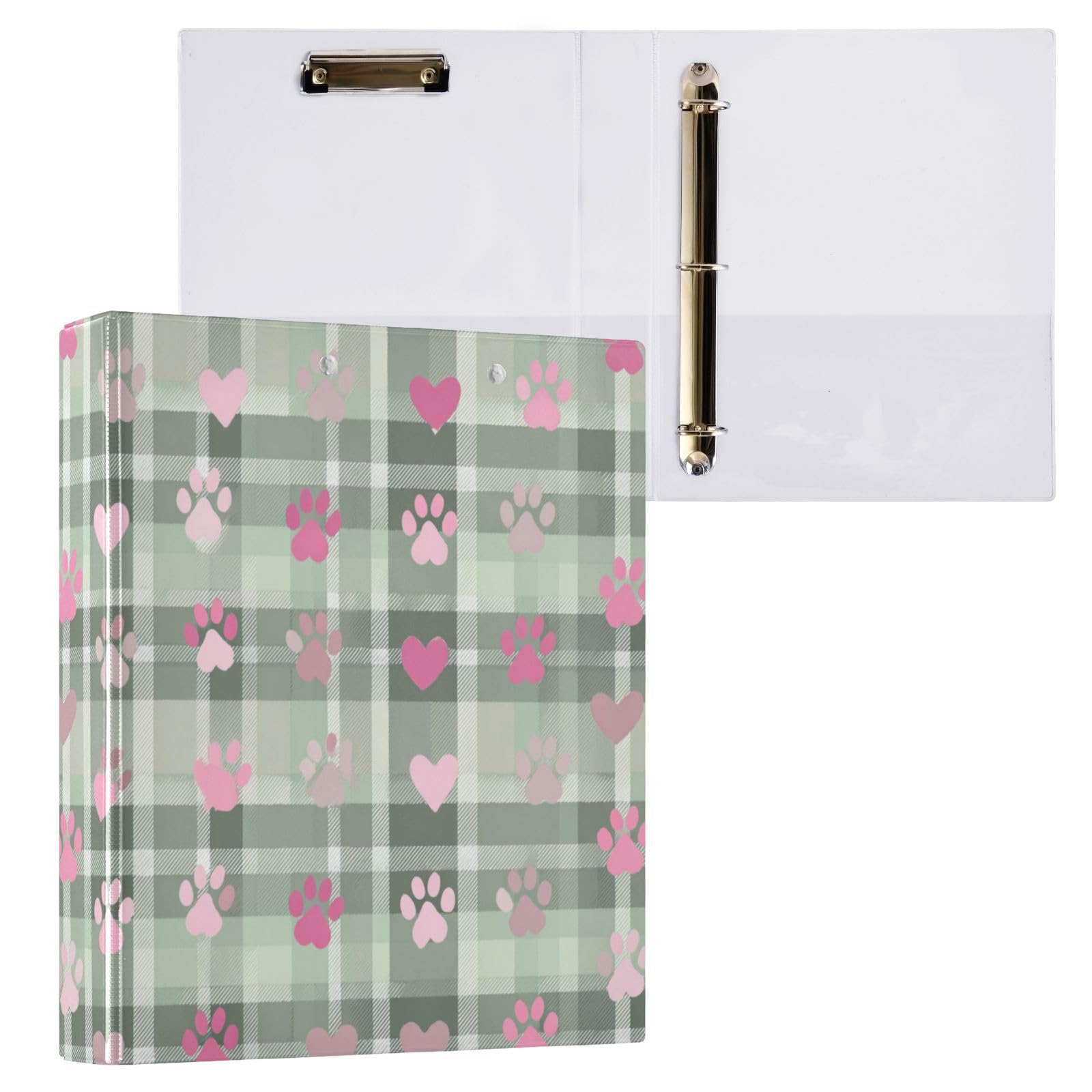 Kcldeci Raccoglitore a 3 anelli con copertina rigida per carta formato lettera, impronte di zampe di cane e cuore, anelli rotondi da 3,8 cm, organizer per scuola/ufficio, confezione da 2