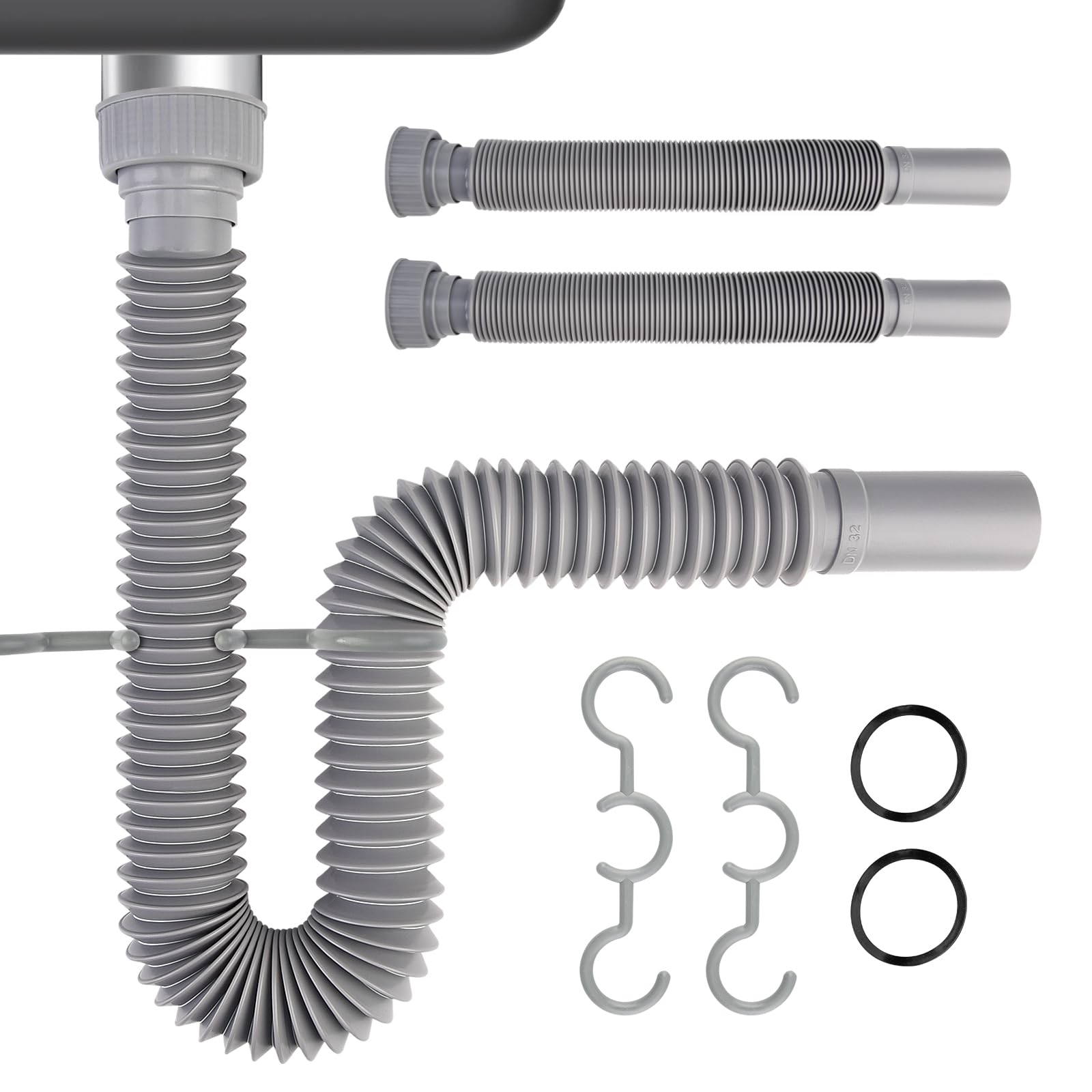2 Pack Sink Drain Pipe, With 2 S-hooks, Expandable 11"-34.5" P Trap Flexible Sink Drain Pipe, Flexible Sink Drain Tubing for Kitchen Sink Drain & Garbage Disposal