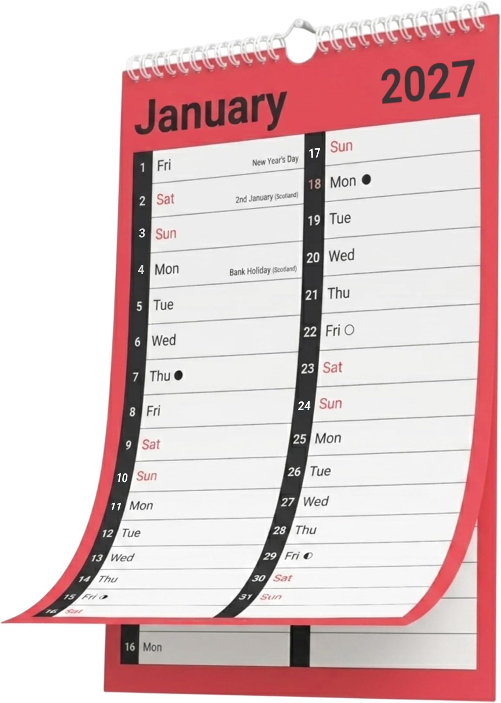 2027 Calendar A4 Large 2 Column - Month to View Spiral Bound Wall Planner Organiser - Easy View Monthly Wall Calendar with Space for Notes