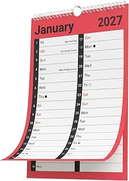 2027 Calendar A4 Large 2 Column - Month to View Spiral Bound Wall Planner Organiser - Easy View Monthly Wall Calendar with Space for Notes
