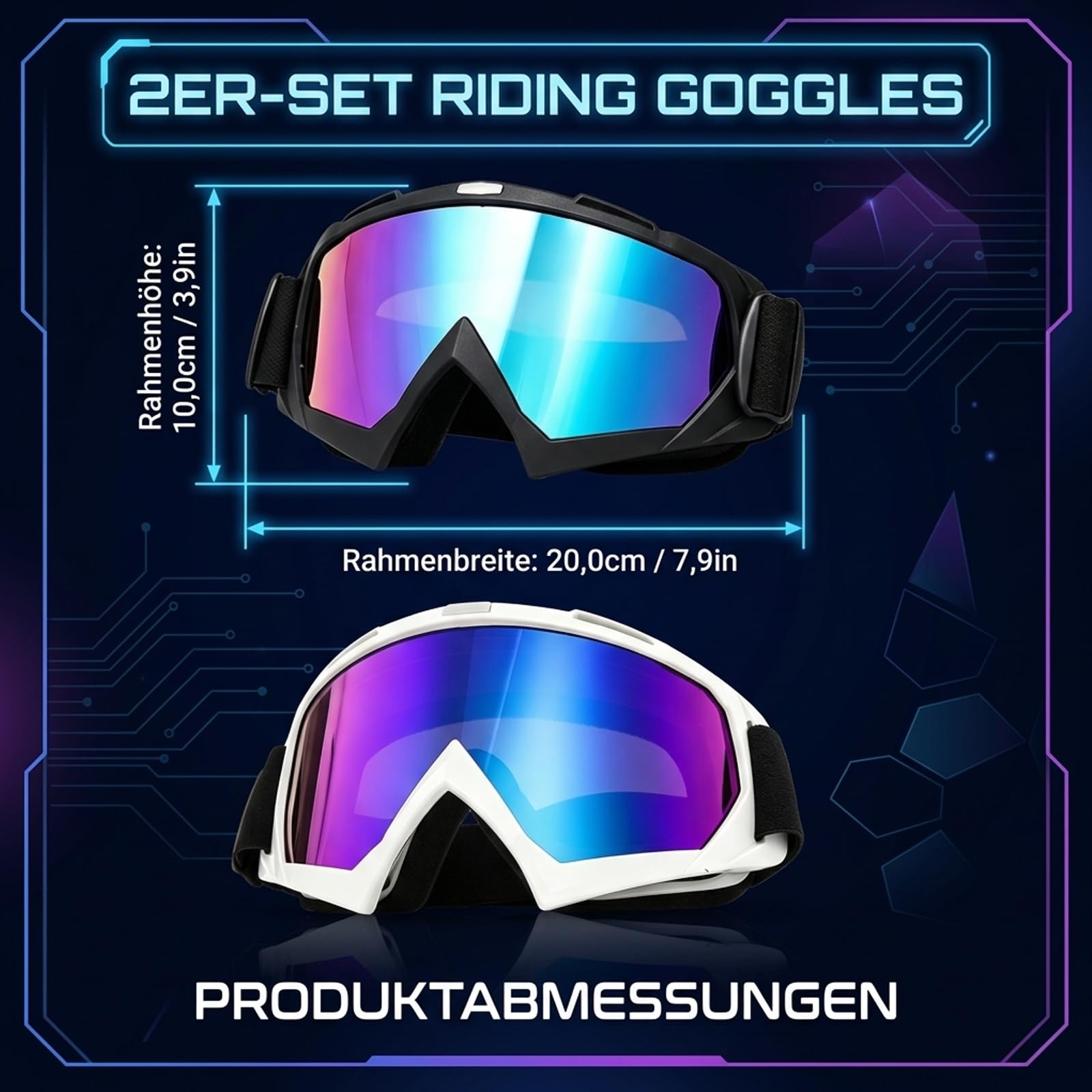 2 Stück Motocross Brille Set, MTB Brille mit weißem und schwarzem Rahmen, Crossbrille für Motorradfahrer und Mountainbiker, Motorradbrille für Brillenträger, Kompatibel mit Cross Helm und Vollvisier