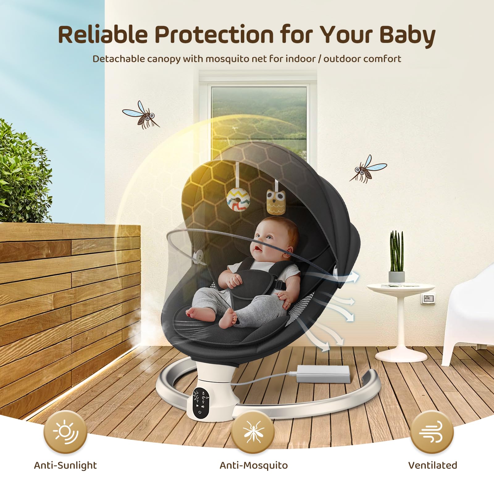 Hamaca bebé eléctrica APP Control,Mecedora Bebe electricapara Desde el nacimiento hasta los 6 meses, con distancia Control,5 modos de columpio,con arnés seguridad 5 puntos