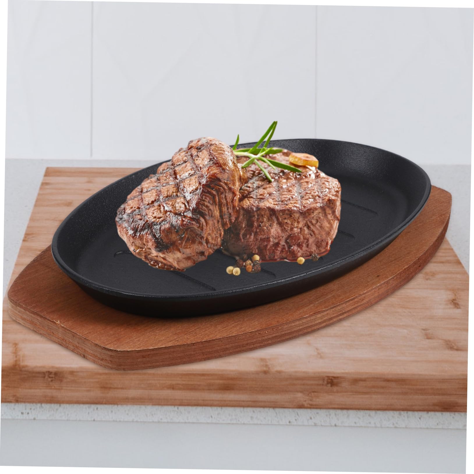 LABRIMP Plato de Hierro Fundido para Asador con Base de Madera, Superficie Lisa y Elaboración Fina, Adecuado para Restaurante y Pescado Parrilla