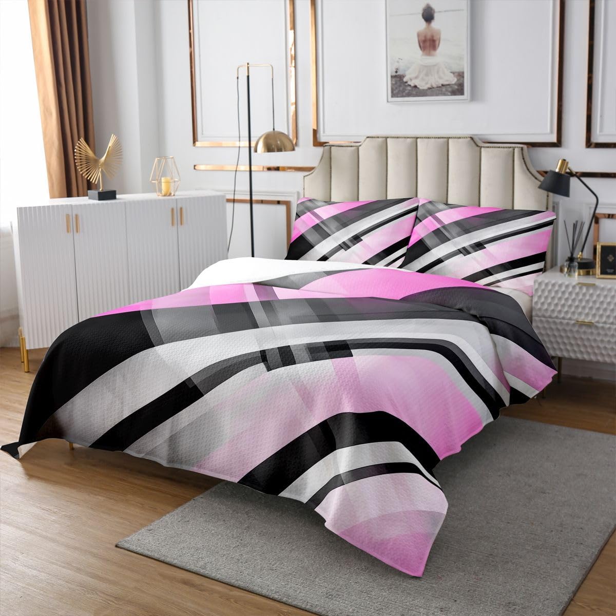 jejeloiu Pink Black Bedspread Quilts Modern Abstract Stripe Coverlet Set Twin Size for Kids Boys Girls Geometric Stripe Quilted Coverlet for All Season with 1 Pillowcase Microfiber