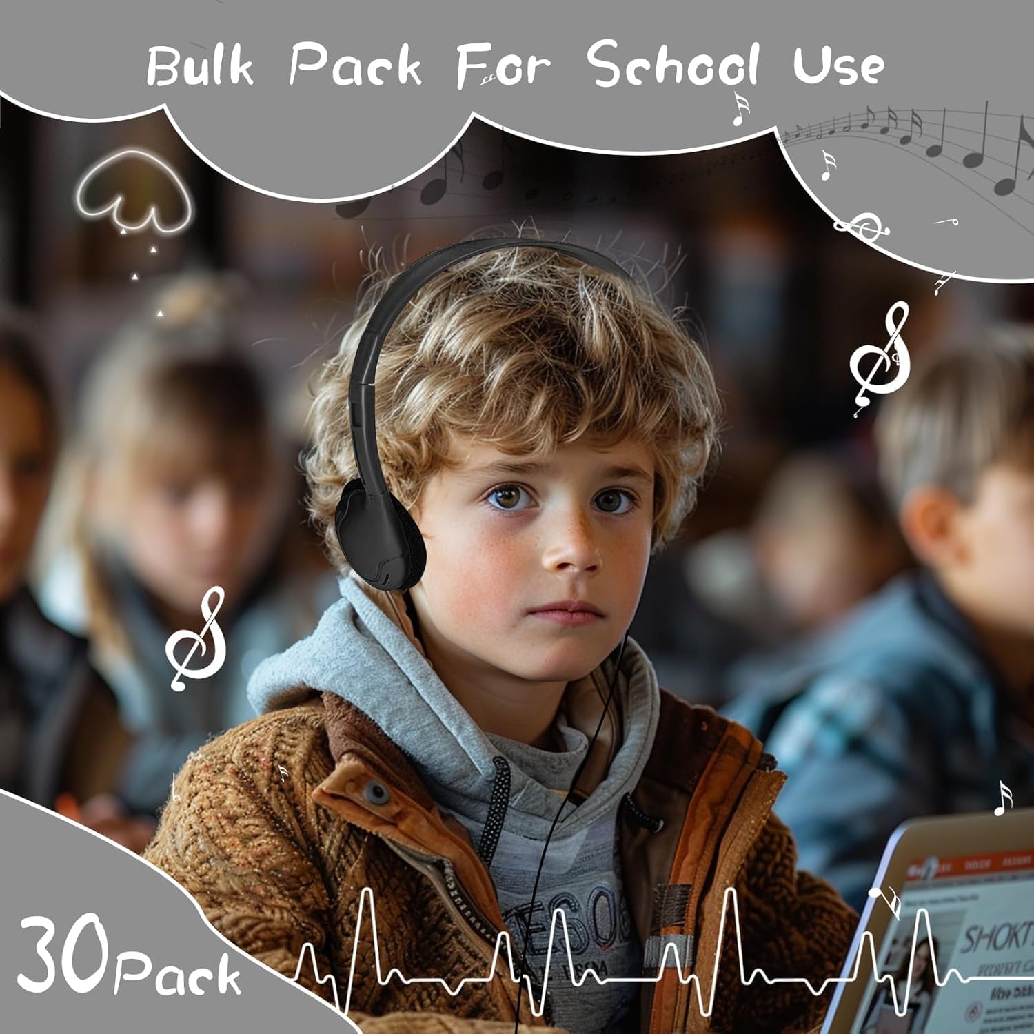 Confezione da 20 cuffie per bambini, studenti, scuola, aula, regolabili, con jack da 3,5 mm, per biblioteca, bambini e adulti (004 cuffie nere)