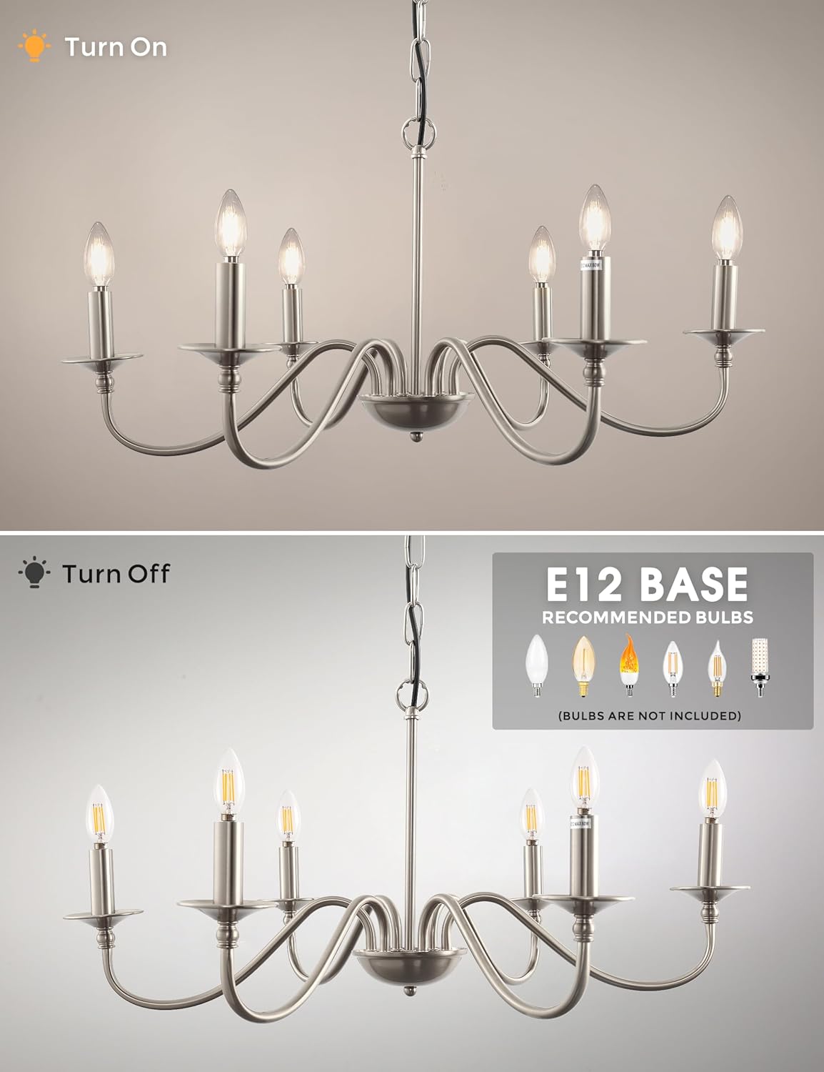 L LOHAS LED 6-Light Nickel Farmhouse Chandelier for Dining Room, 24" Vintage Dining Room Light Fixtures Over Table, Adjustable Hanging Industrial Candle Chandelier for Bedroom Living Room Entryway E12