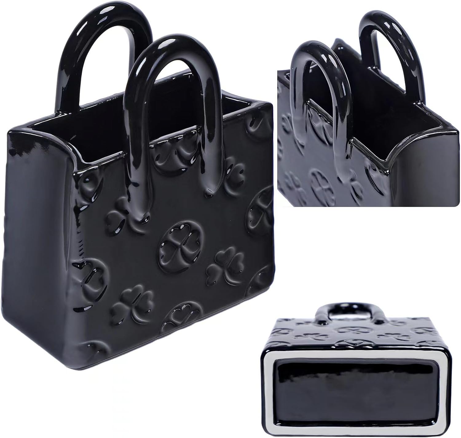 Black Clover vase Storage Box Handbag Shaped Suitable for Home Room Office Decoration Suitable for Pairing with Various Flowers Storing Various Small Items