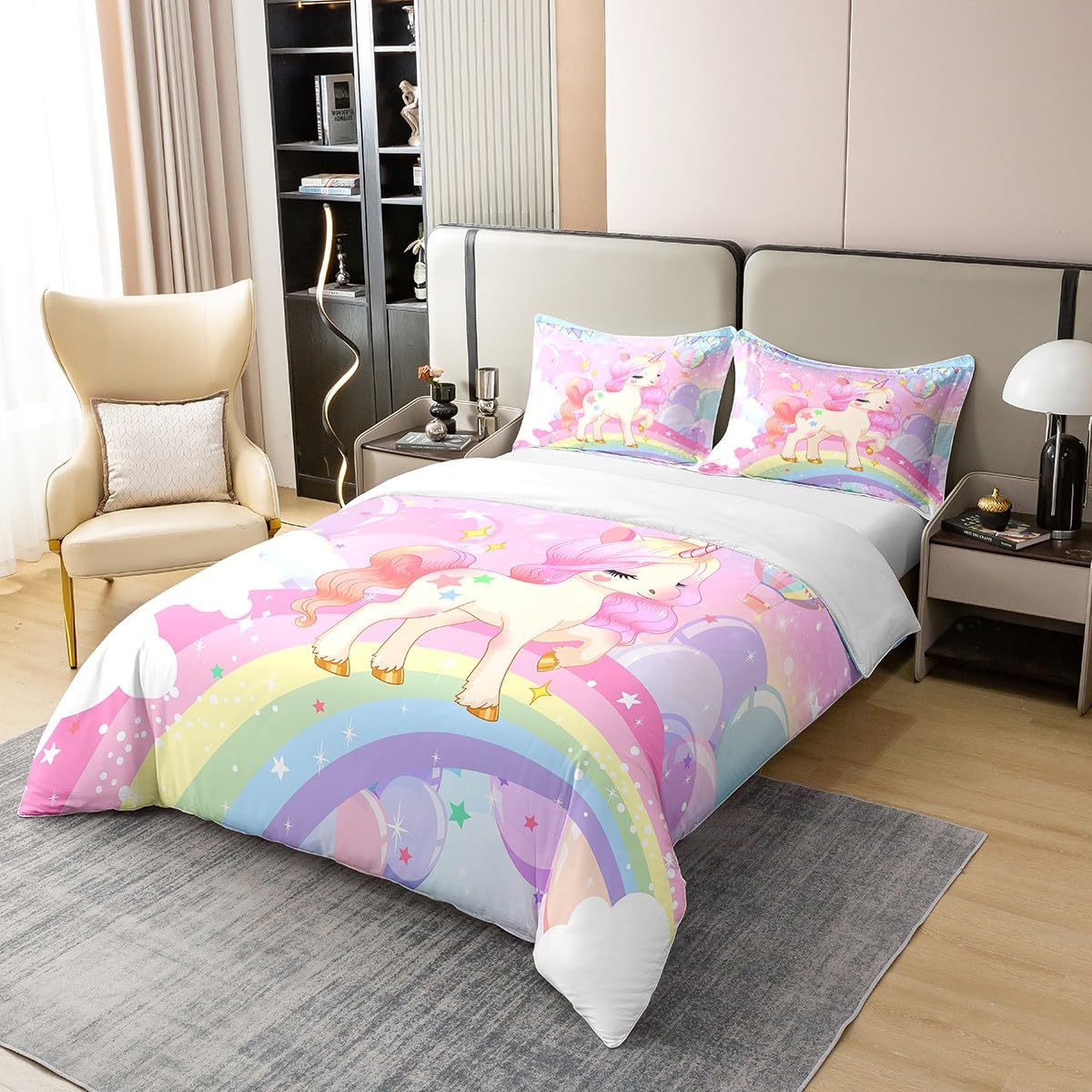 Homemissing Licorne Housse De Couette 140x200cm 100% Coton Kawaii Mignon Rainbow Licorne Housse De Couette Cheval Literie Enfants Galaxie Étoiles Magique Rose Animaux Parure Lit
