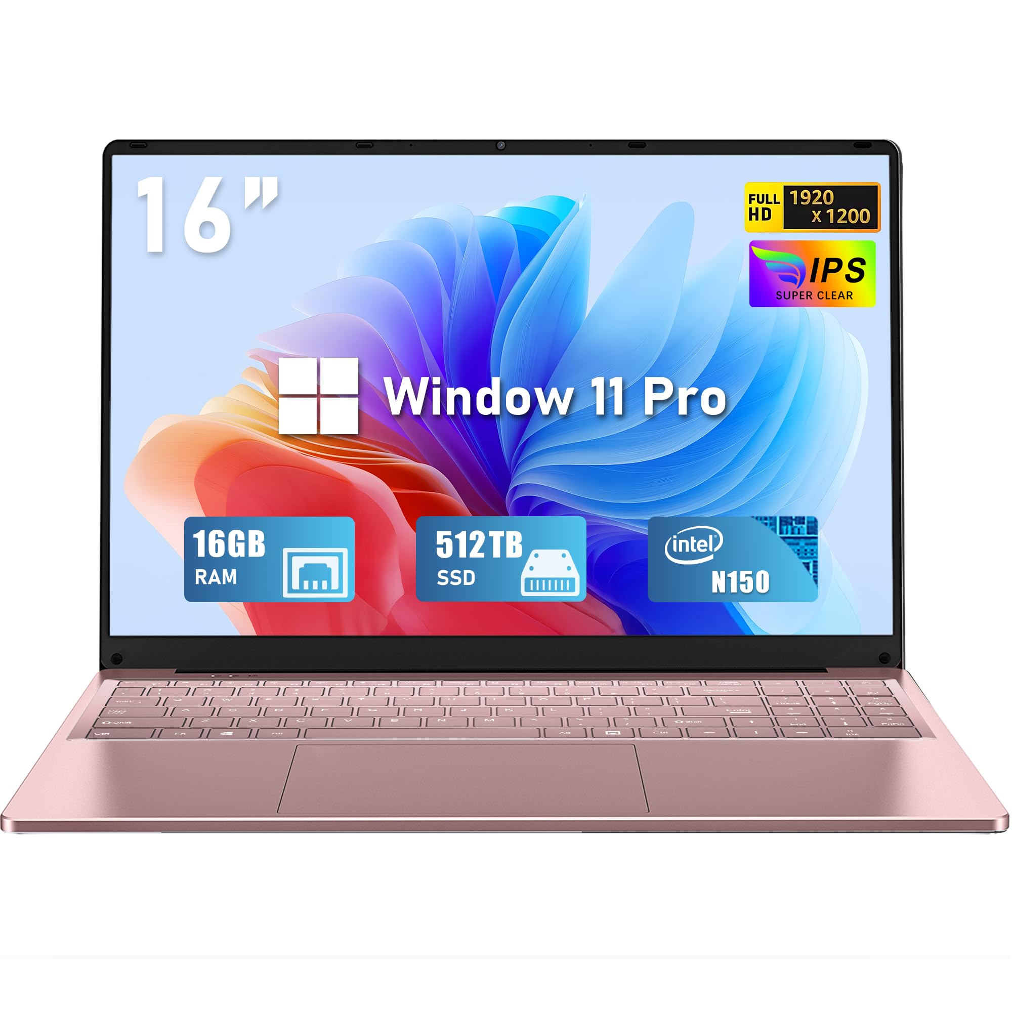 FUNYET 2025 PC Portatile 16'' Celeron N150 Core 3.6GHz Laptop 16 GB RAM 512GB SSD Win 11 Pro 6000mAh Battery Notebook FHD 1920×1200 USB 3.0 BT 5.0 WIFI 5 Mini-HDMI Tastiera Retroilluminata-Oro Rosa