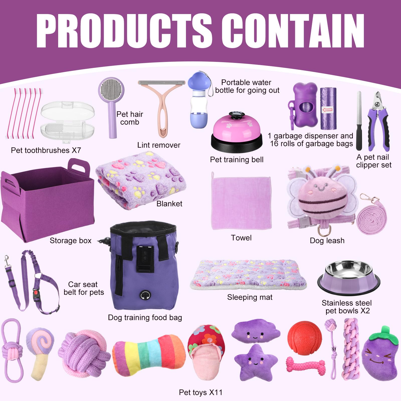 Abbylike Kit de iniciación de 50 piezas para cachorros para perros pequeños, incluye correa, cuencos, cepillos de dientes, botella de agua y más accesorios para perros, regalo de bienvenida para el