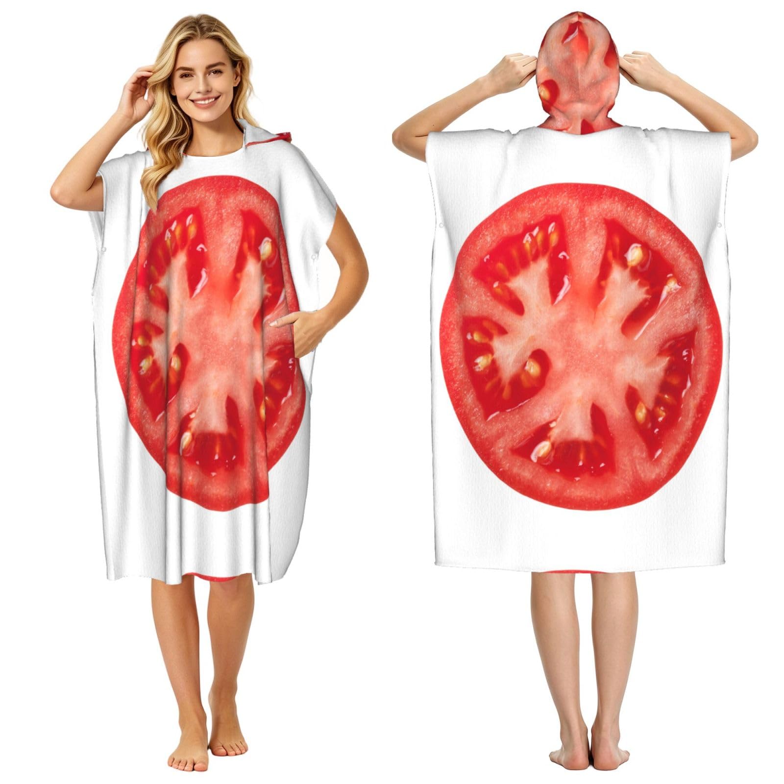Poadnly Tomato Slice, Adult Hooded Beach Towel 90 x 110 cm,Changing Bath Robe, Surf Poncho Towel For Women Men