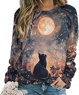 ZOCAVIA Womens Funny Cat Sweatshirts Fall Casual Crewneck Pullover Tops Vintage Forest Graphic Long Sleeve T Shirts Oversized