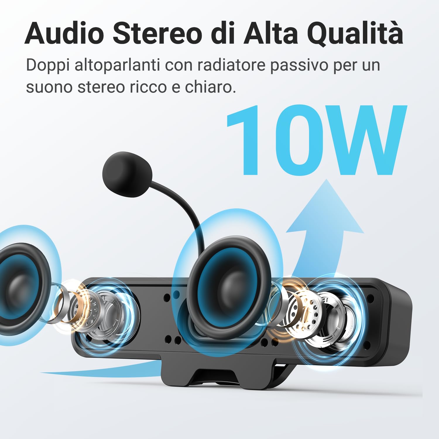 INGA Altoparlanti per computer con microfono staccabile, altoparlanti da tavolo Plug and Play, microfono muto one-touch, stereo e bassi, si attacca facilmente al monitor, compatibile con PC, Mac
