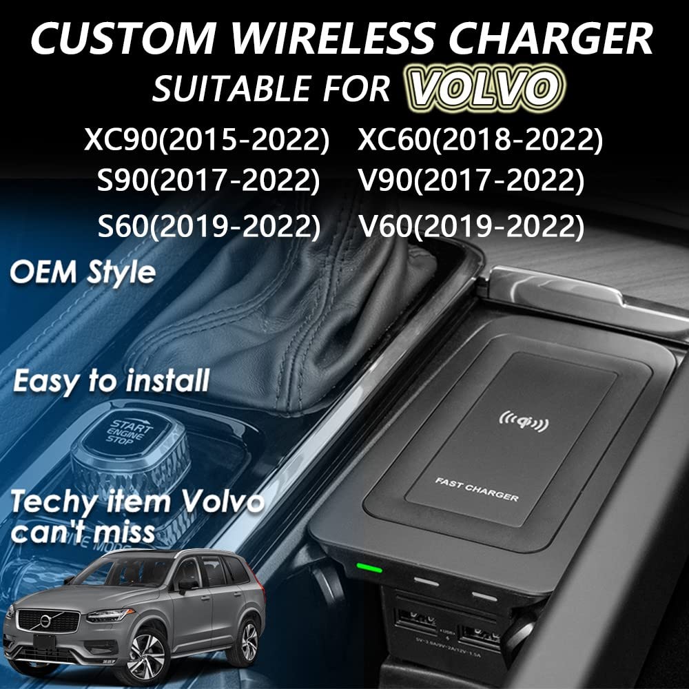 Draadloze autolader voor Volvo XC90 XC60 V90 V60 S90 S60 2016-2021, QI Draadloze Smartphone Opladen Pad 15W Snel Opladen voor iPhone 12 Pro MAX Mini 11 / XS MAX/XR / 8, Galaxy