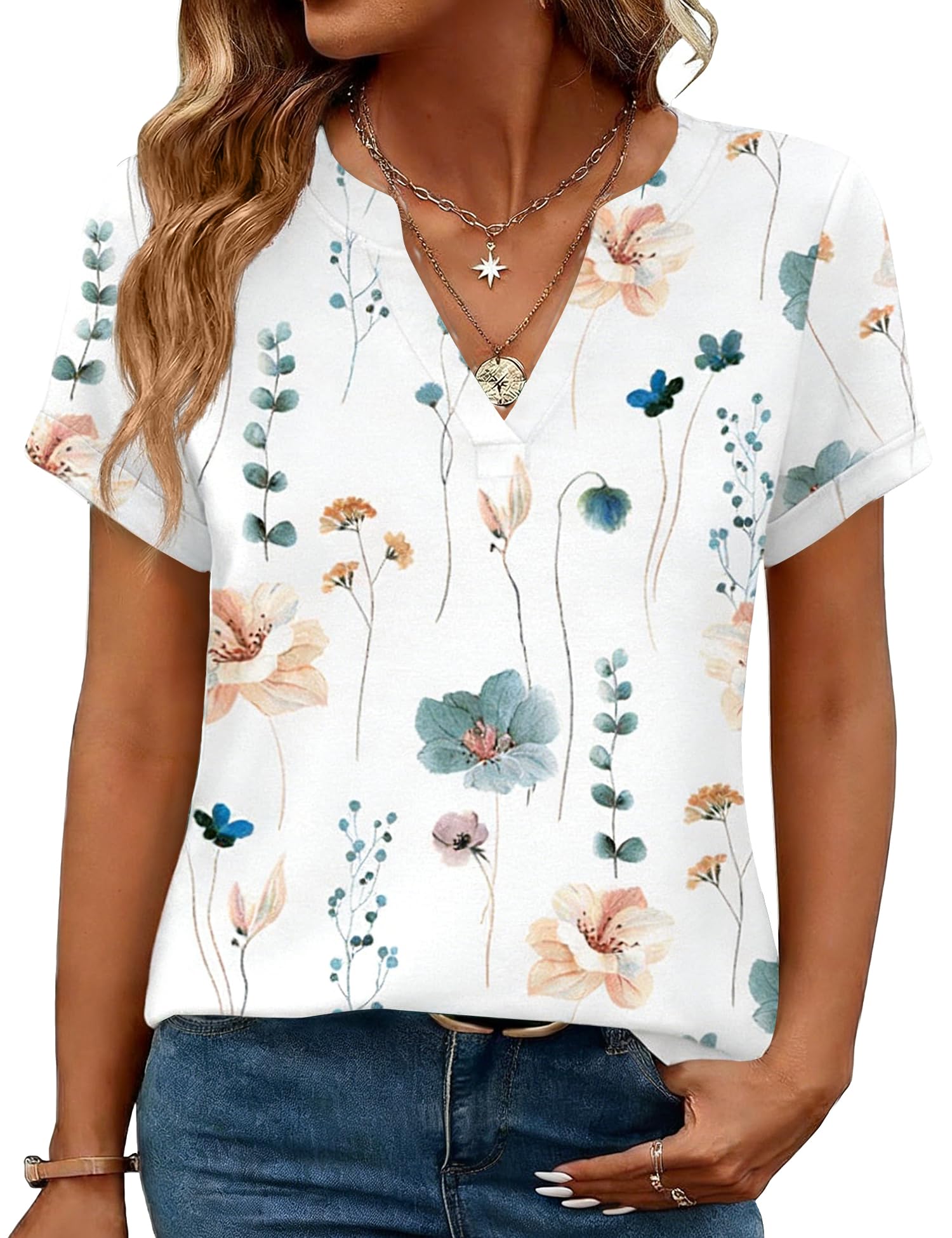 Rapbin Damen Bluse Kurzarm V-Ausschnitt Elegant Tunika Sommer Oberteile Casual Locker T-Shirt Freizeit Tops
