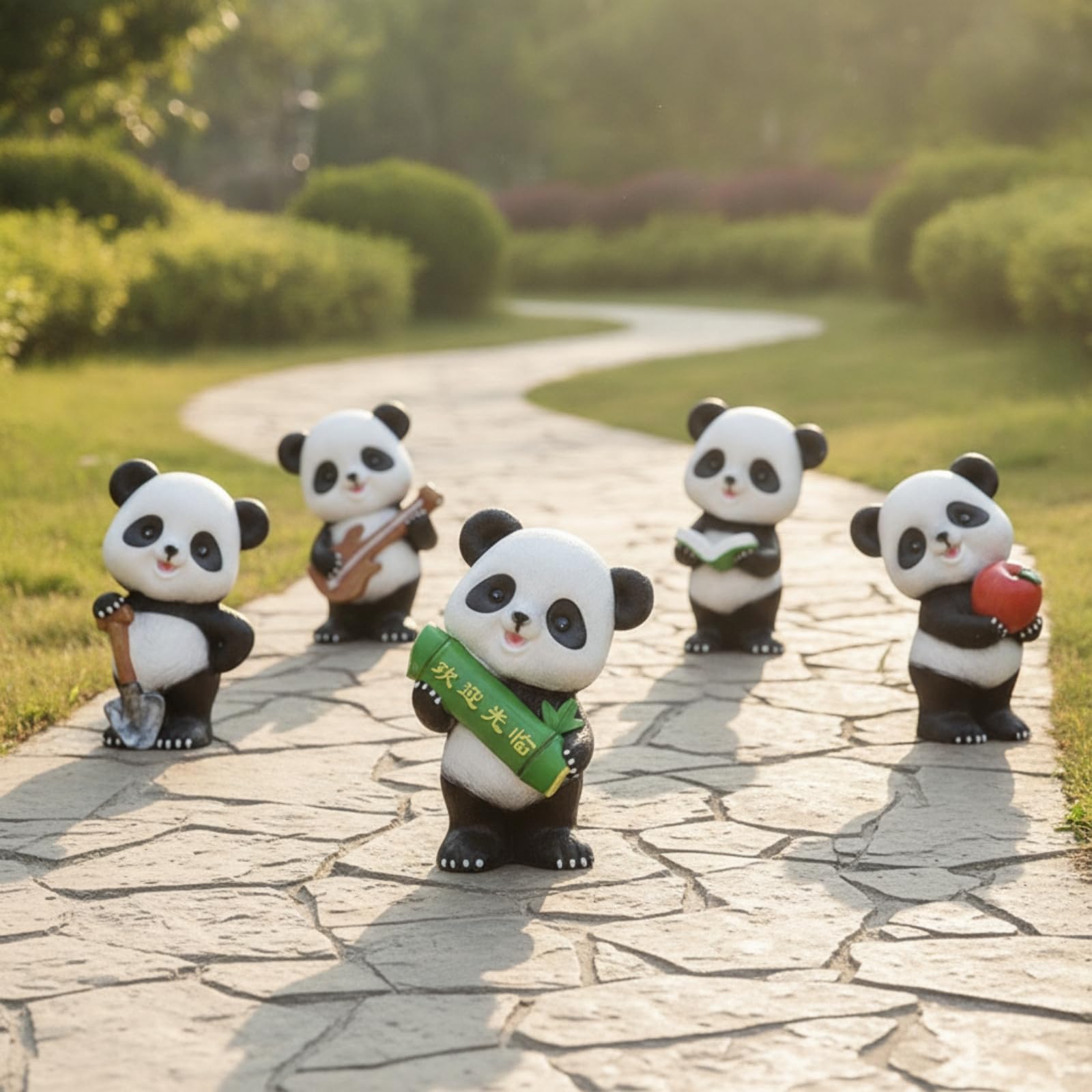predolo 5 Stück Pandabären-Gartenfigur mit Requisite frostbeständig Pandabären-Figur süß Dekofigur für Gartenliebhaber, Familien, Hof