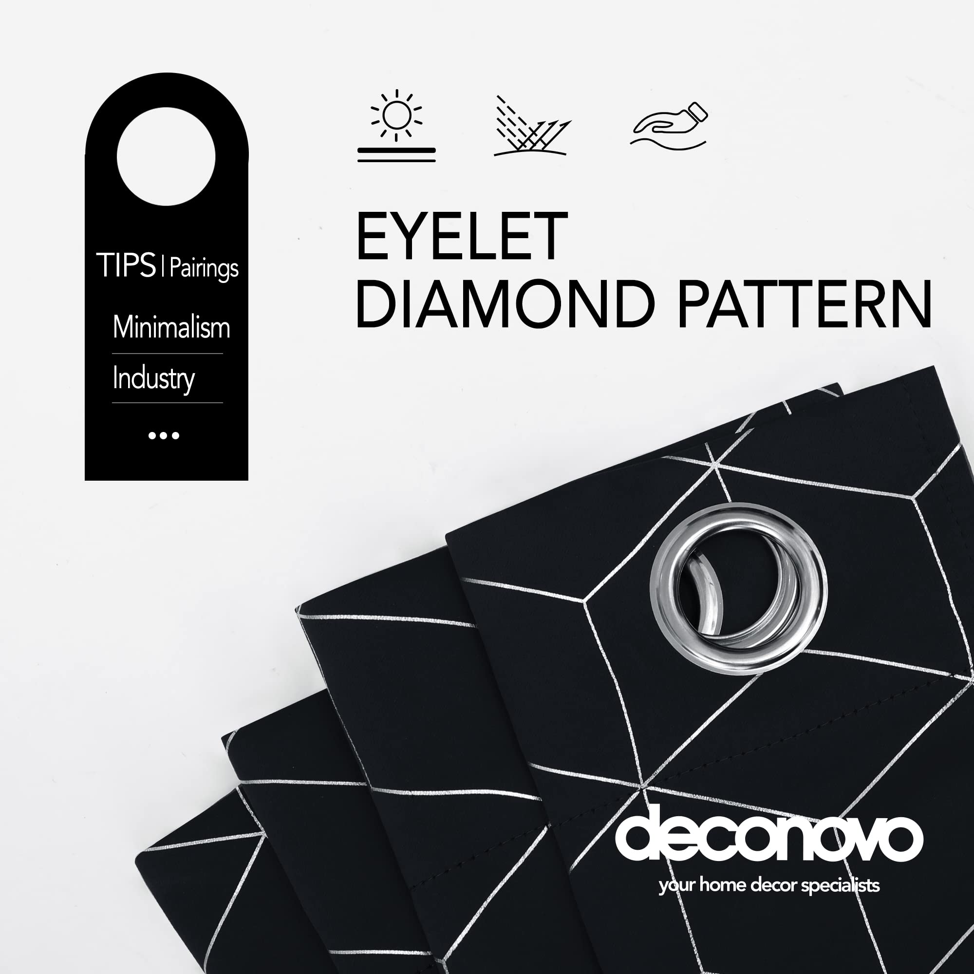 Deconovo Eyelet Blackout Curtains 72 Inch Drop, Diamond Foil Printed Thermal Insulated Curtains for Living Room Boys Bedroom, 46 x 72 Inch(Width x Length), Black, One Pair - 4