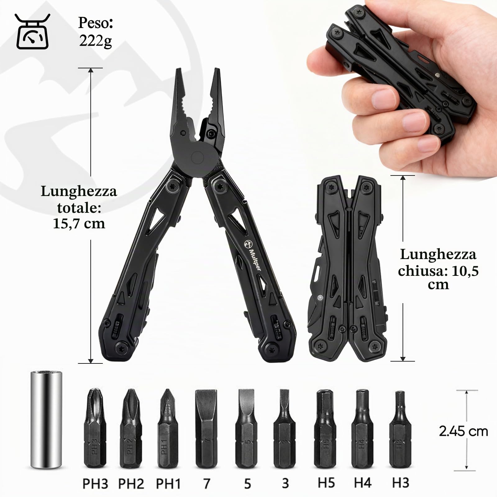Multper Regalo Uomo, 26-in-1 EDC Multitool, Pinza Multiuso con Coltellino, Pinze Ad Ago, Tronchesino, Set di Cacciaviti e Altro, Attrezzatura di Sopravvivenza e Campeggio, Acciaio Inossidabile, Nero