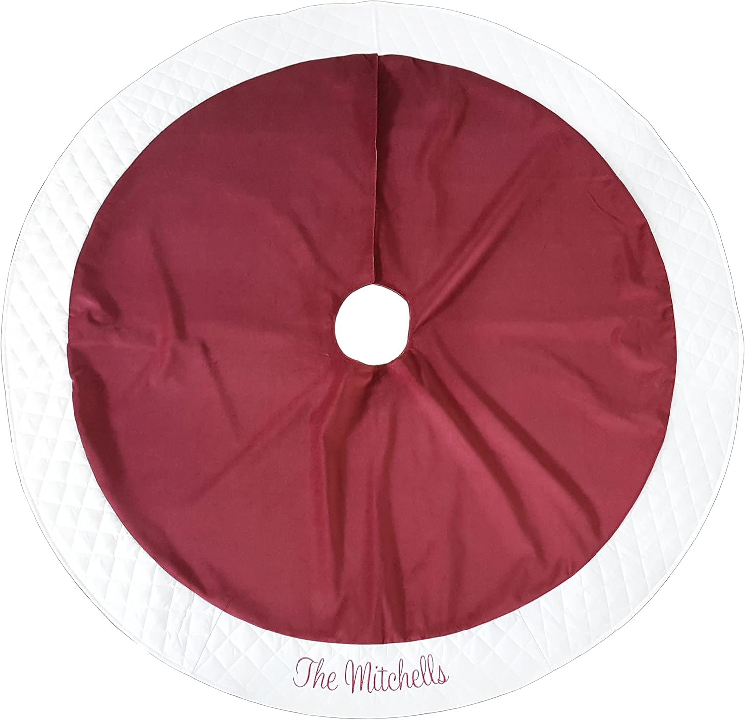 Personalized 54” Christmas Tree Skirt Burgundy Velvet with Ivory/Cream or White Quilted Trim