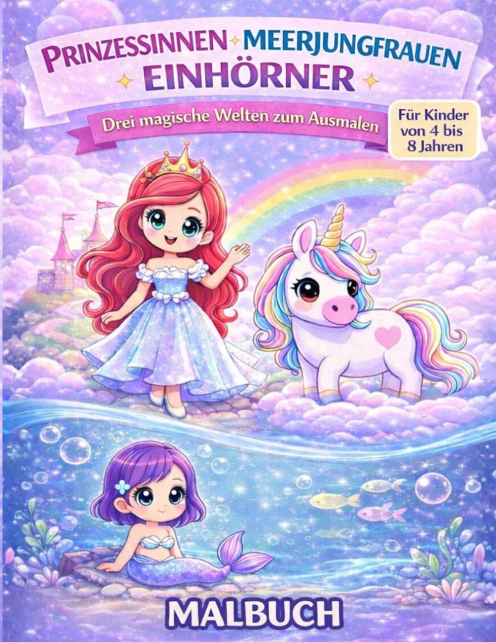 Prinzessinnen, Meerjungfrauen und Einhörner: Malbuch für Kinder von 4 bis 8 Jahren. Über 50 Motive von Prinzessinnen, Einhörnern und Meerjungfrauen. Abwechslungsreiche Designs für jede kreative Pause.