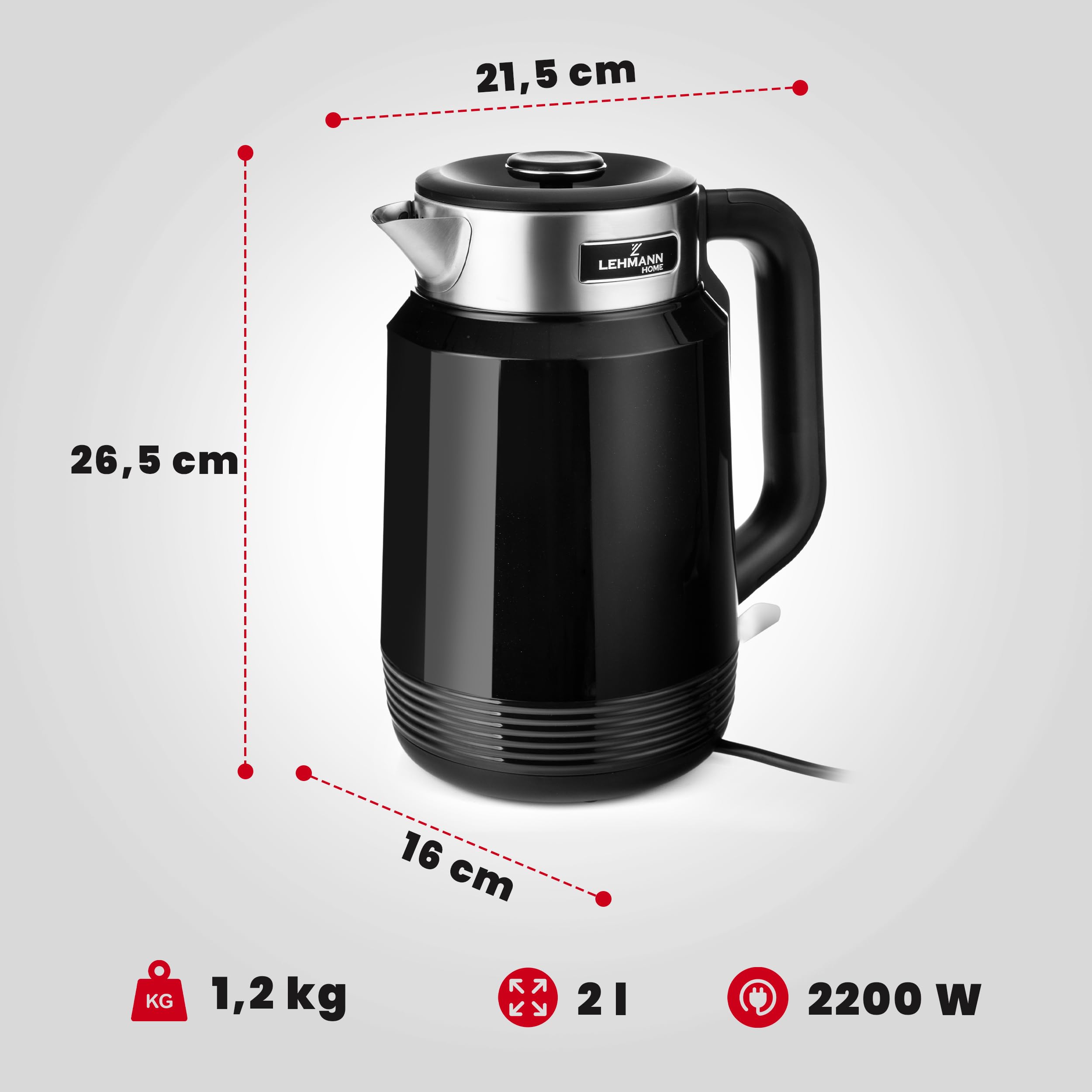 LEHMANN Elektrischer Wasserkocher Edelstahl 2L, 2200W, Schnelles Aufheizen, Doppelwand Design, Abschaltautomatik und Überhitzungsschutz, BPA-frei, Ideal für Großfamilien oder Büros, Schwarz