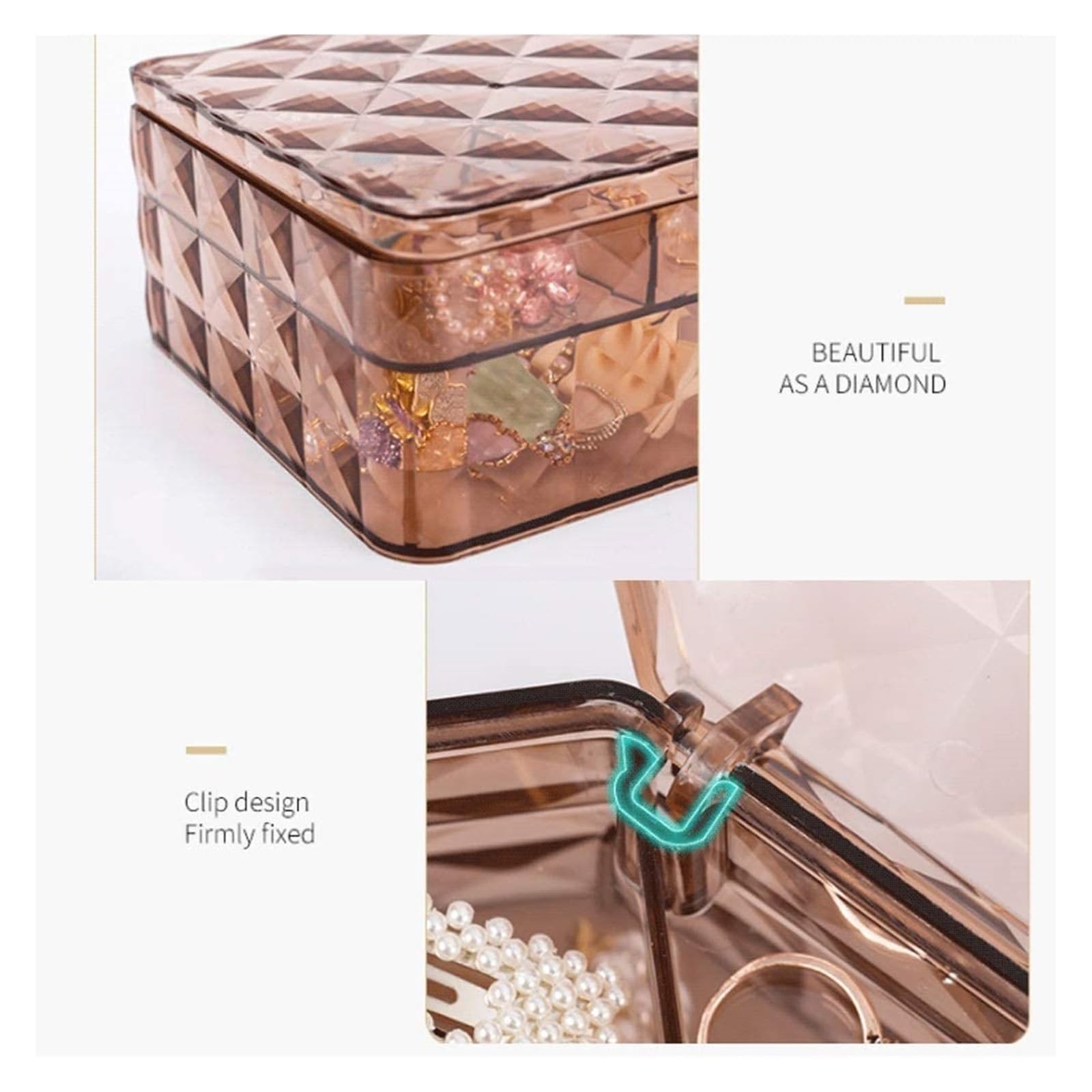 YCTTKDD Schmuckschatullen mit Rautenmuster, Schmuckaufbewahrung, Präsentationsboxen, Reise-Schmuckkästchen mit Deckel, Kunststoff-Organizer-Boxen für Damen (transparent) (transparent)