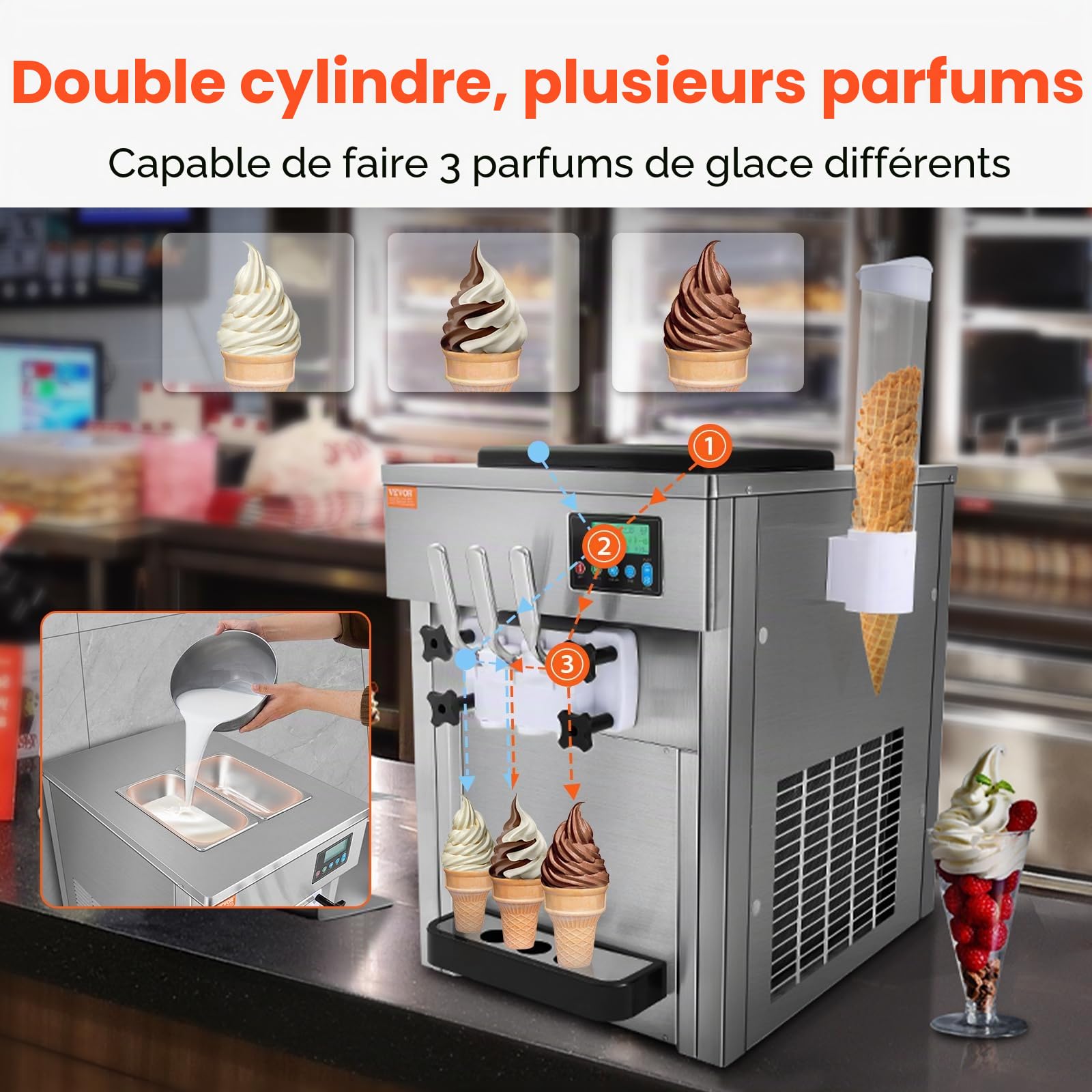 VEVOR Machine à Crème Glacée Commerciale 20 L/h 1800 W 3 Saveurs, Machine à Glace Italienne Trémie 2x4 L, Pré-Réfrigération, Nettoyage Automatique, pour Yaourt Café Snack-Bar Restaurant Supermarché