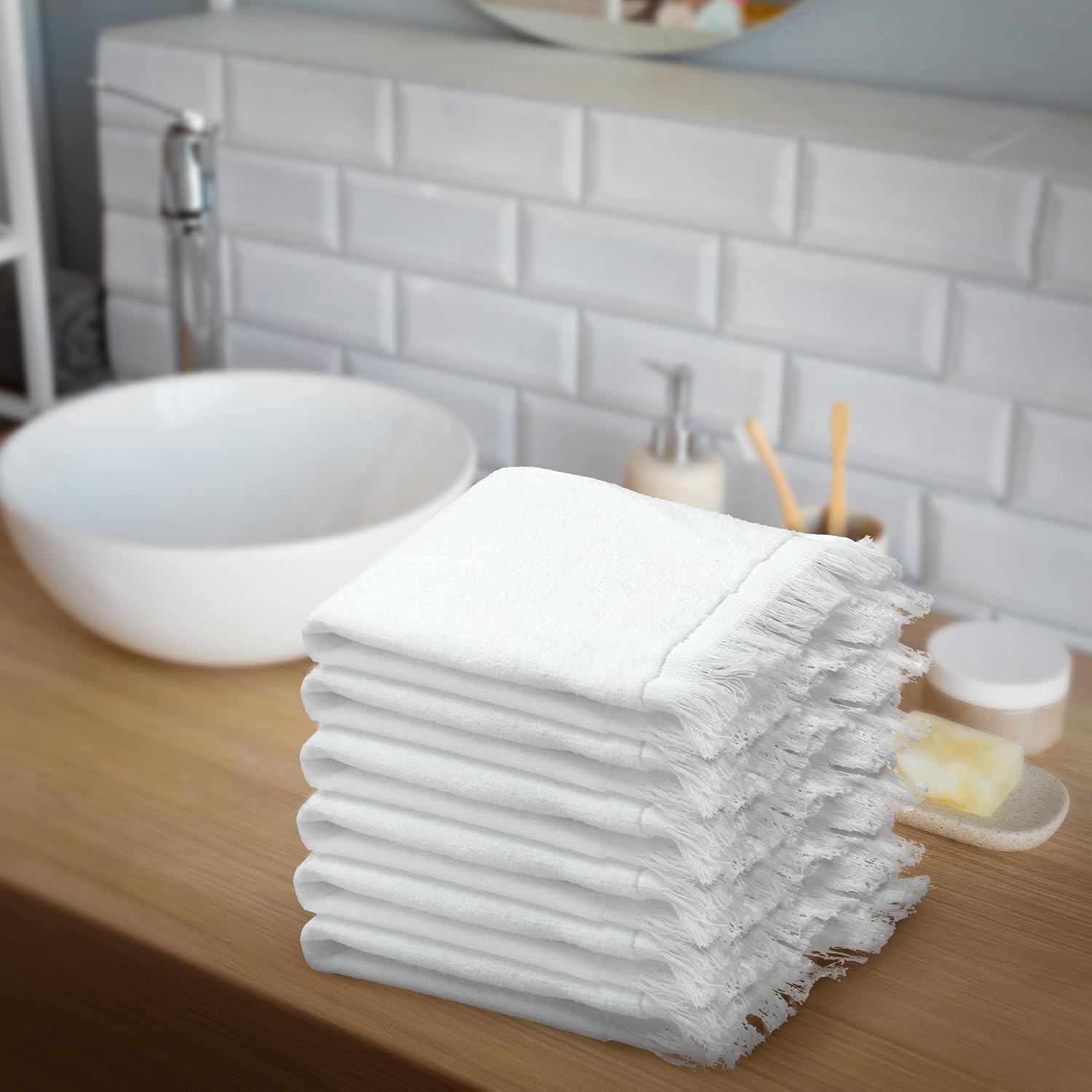 Fringed Reversible Fingertip Hand Towel (Size 11" W x 18" L) Terry Cotton Washcloth Set for Face and Bathroom use. (12, Natural)