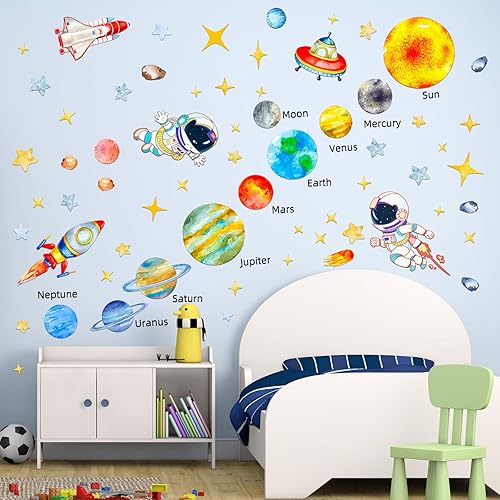 Suplanet Calcomanías de pared de astronauta y sistema solar, caricatura, astronauta, planeta, estrella, nave espacial, OVNI, decoración de