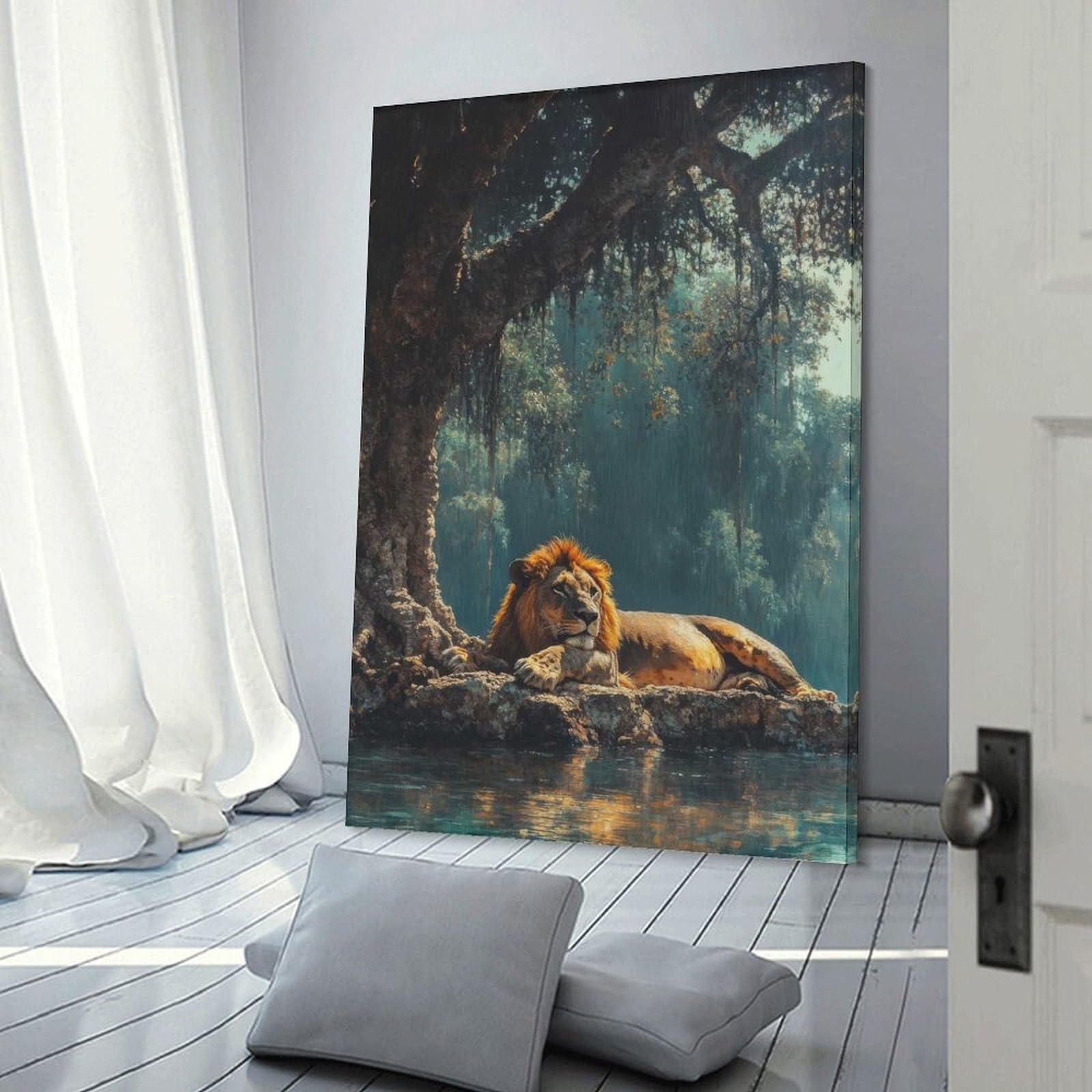 Junmoney Frame-Style-15 Decorative Wall Artwork Lion Resting By Water, 16X24inch(40X60cm), For Contemporary Homes, Apartments Or Offices, An Easy Choice For New Home Styling