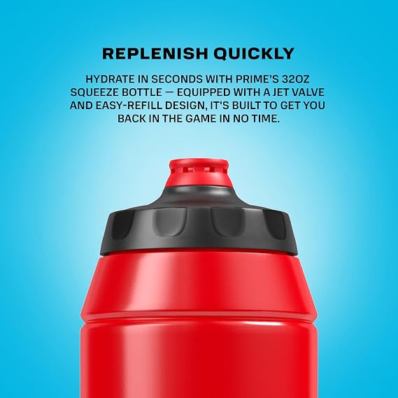 PRIME 32 oz Red Squeeze Sport Water Bottle, BPA Free, Dishwasher Safe, Easy-Grip Ergonomic Leakproof Design, Quick Hydration for Gym, Cycling, Running