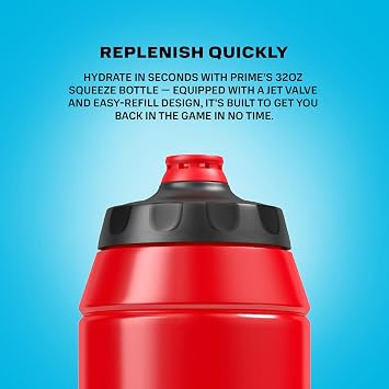 PRIME 32 oz Red Squeeze Sport Water Bottle, BPA Free, Dishwasher Safe, Easy-Grip Ergonomic Leakproof Design, Quick Hydration for Gym, Cycling, Running