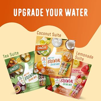 FlavCity Anytime Essential Coconut Variety Pack - Powder Drink Mix Packets with Collagen & Coconut Water - Water Flavoring Packets in 3 Flavors - Collagen, Fiber & Electrolytes (30 Stick Packs)