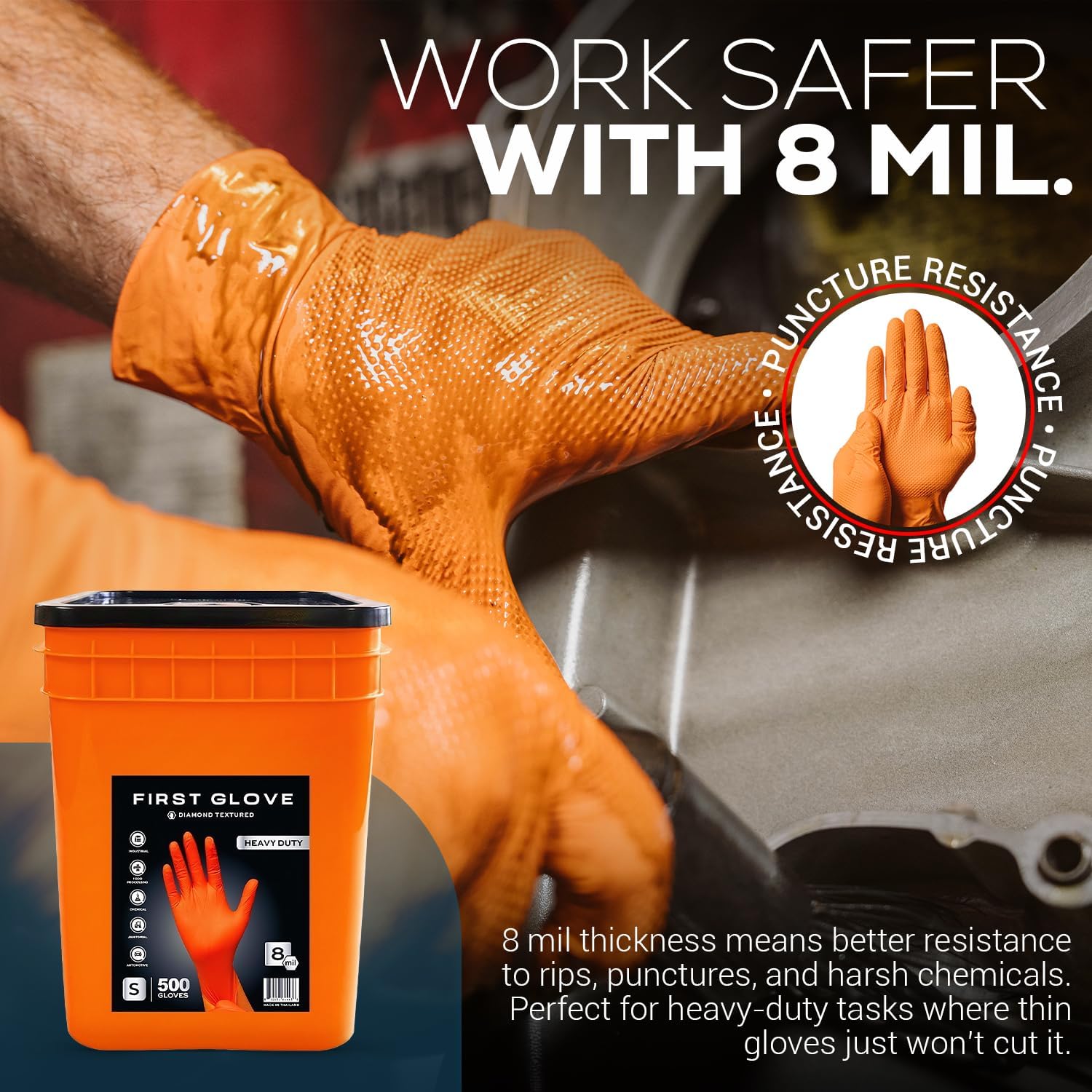 First Glove 8 Mil Orange Diamond Texture Nitrile Bucket of Gloves - Industrial Nitrile Gloves - Latex-Free - 500 count