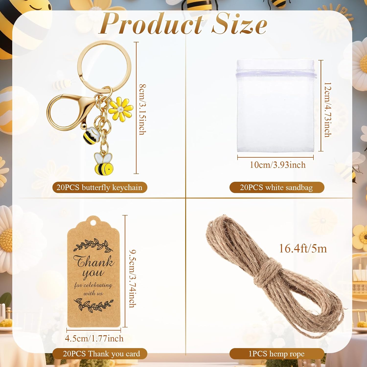 Ecation 20 Set Bee Sunflower Party Favor Keychains Keyring Gifts Set with Kraft Tag Organza Bag for Wedding Birthday