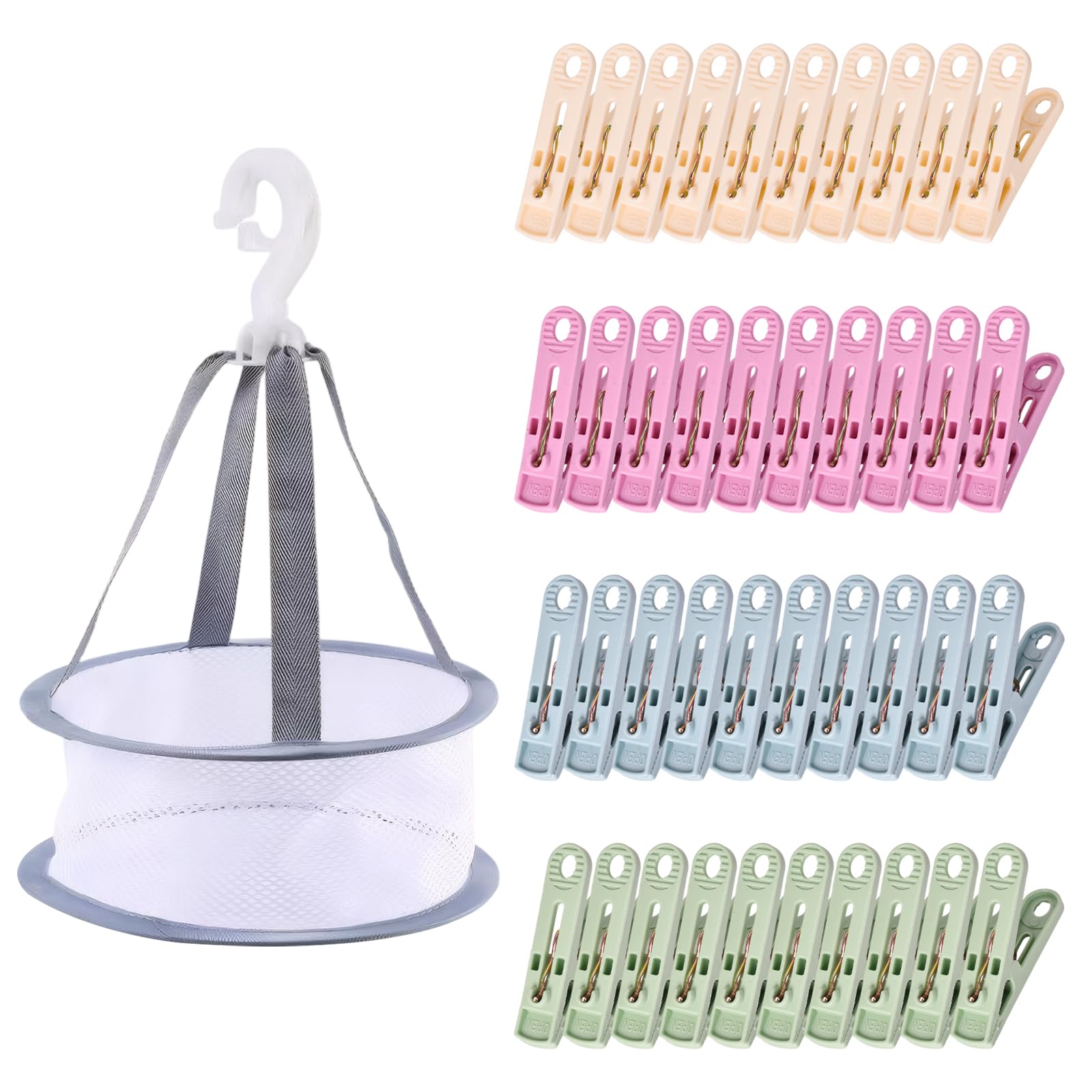 Naapesi Beige, Pink, Blue, Dark Green 40 Pieces Clothespins With Clothespins Basket, Windproof Clothespin Without Imprint, Strong Grip, Plastic Clothespin Bag For Indoor & Outdoor