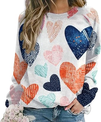 ZOCAVIA Womens Valentines Day Sweatshirts Fall Love Heart Graphic Pullover Tops Casual Crewneck Long Sleeve Shirts Oversized