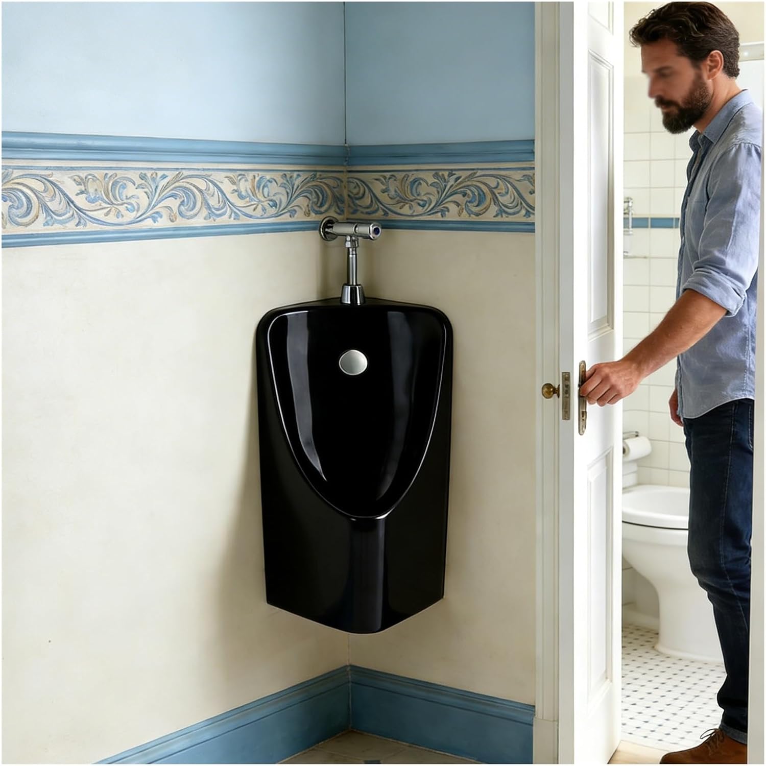 Corner Male Urinal Wall Mount, Splash-Proof Water-Saving Men's Urinal Black White, 23.2in Commercial Ceramic Urinal with Drainage Kit, for Hotel B&Bs(Black)
