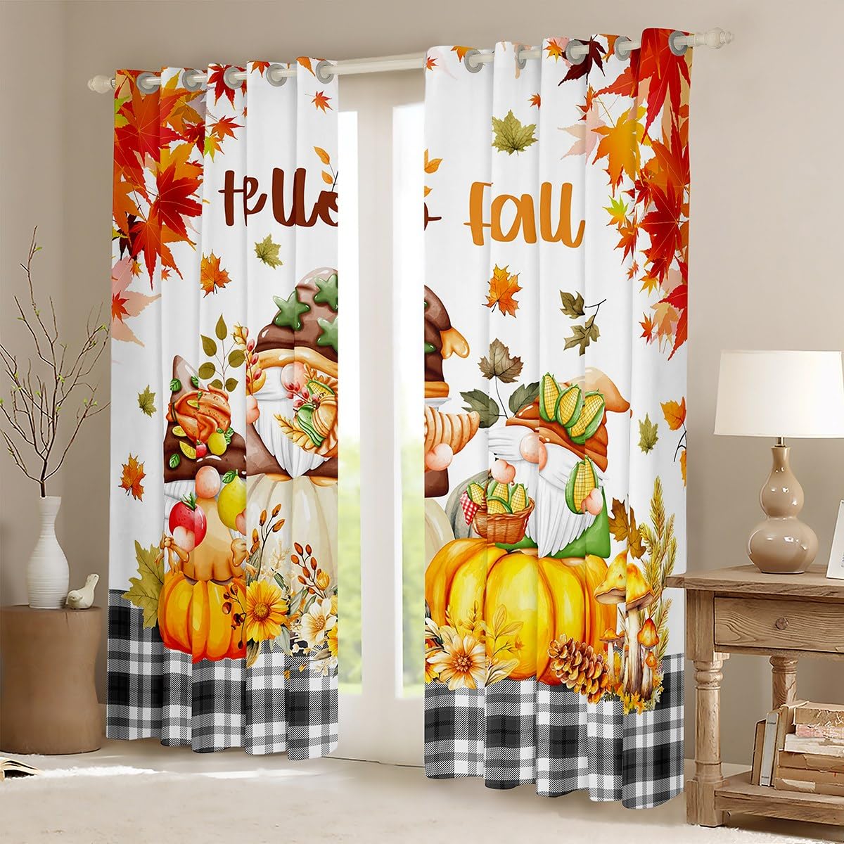 Tende A Pannello 2 Pezzi Con Gatto, Zucca E Funghi | Motivo Giungla Arancione | Tessuto Morbidissimo 100% Poliestere, 167x228 Cm L'una