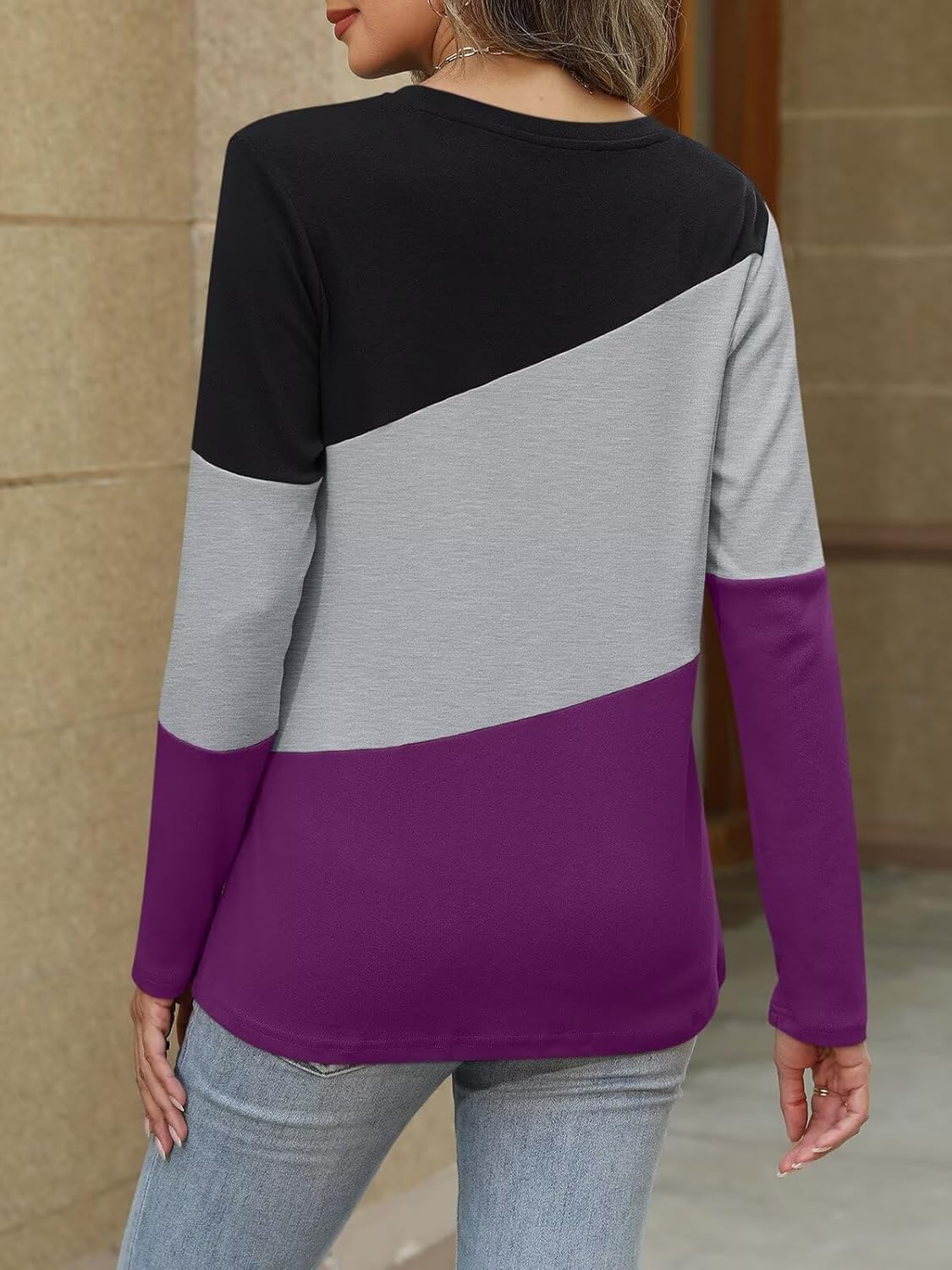 ORANDESIGNE Women's Color Block Long Sleeve Tunics Tops Casual Striped Crew Neck Shirts Loose Blouses - Image 2