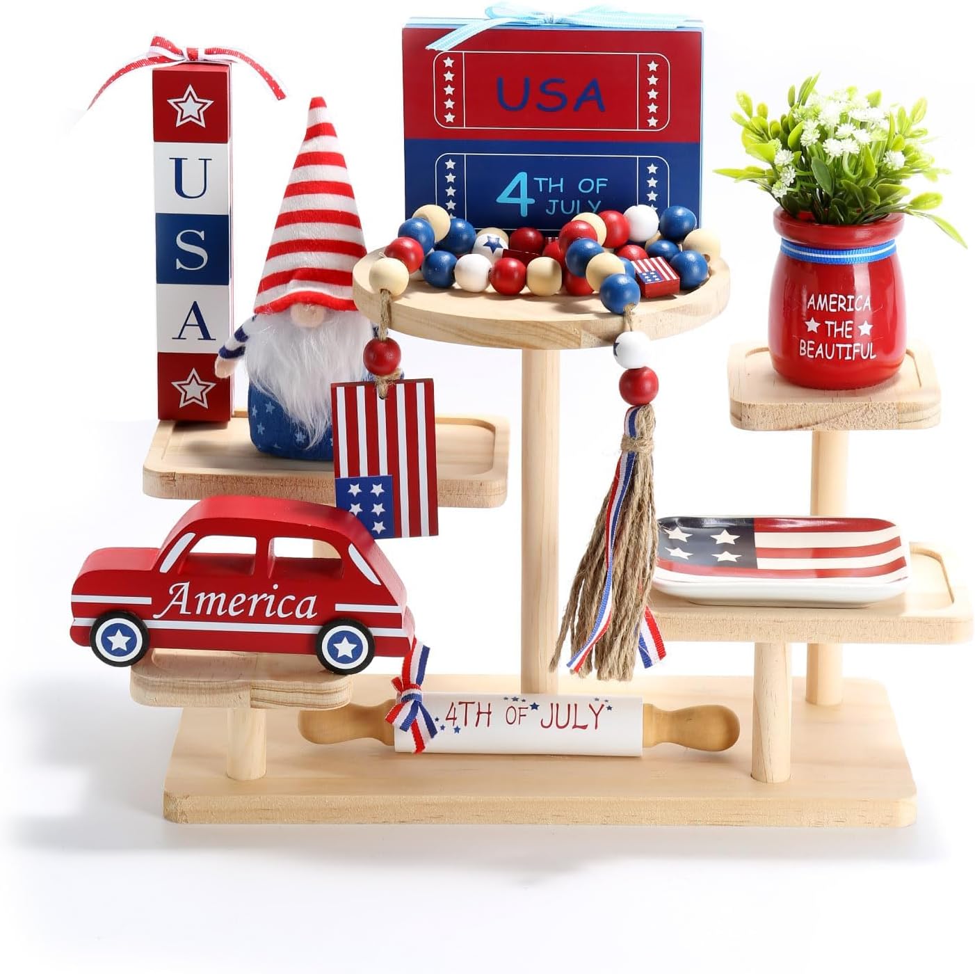 4th of July Decorations Patriotic Tiered Tray Decor Set, 8 Pcs Fourth of July Memorial Day Decorations for Home Office Independence Day Centerpieces for Table Shelf Tray Red White and Blue Decor