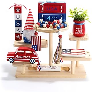 4th of July Decorations 8 Pcs Patriotic Tiered Tray Decor Set | Fourth of July Decorations for Home Office Memorial Independence Day Red White and Blue Centerpieces for Mantel Table Shelf