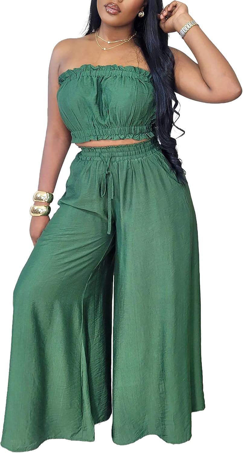 Womens Two Piece Sets Summer Outfits Sleeveless Crop Tops and Wide Leg Baggy Pants Beach Vacation Casual Jumpsuits