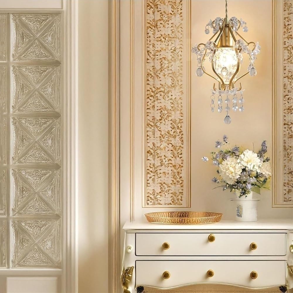 Lustre Moderne En Laiton Et Cristal, Suspension Nordique Ornée de Perles Et de Motifs Floraux, Culot E14, Cordon Réglable, Idéal Pour Une Chambre, Un Vestibule Ou Un Couloir.