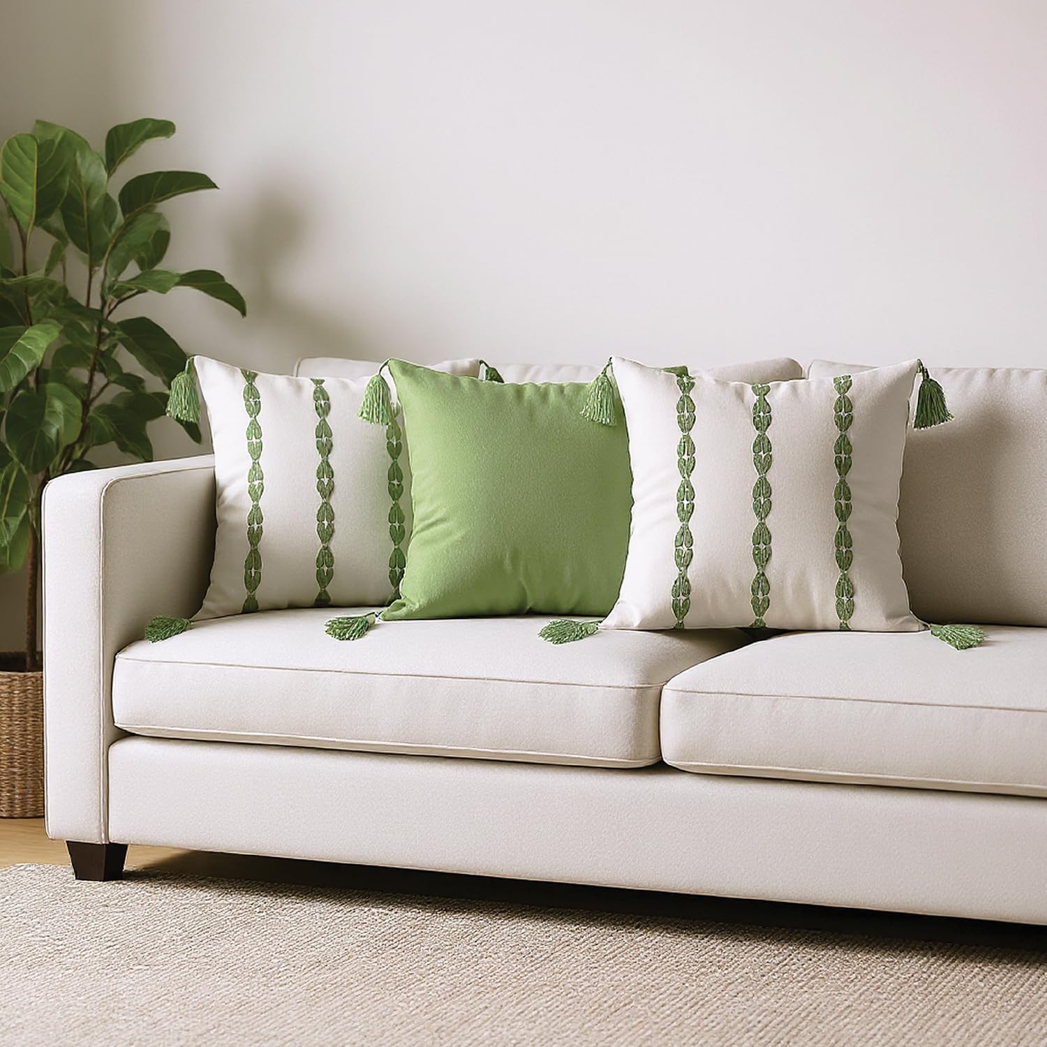 Urban Space Embroidered Cotton Cushion Cover Set of 3, 16 inch x 16 inch Cushion Covers for Sofa, Bedroom, Living Room (40 x 40cm, Vintage Braid & Aura sage Green, Set of 3)-picture-27