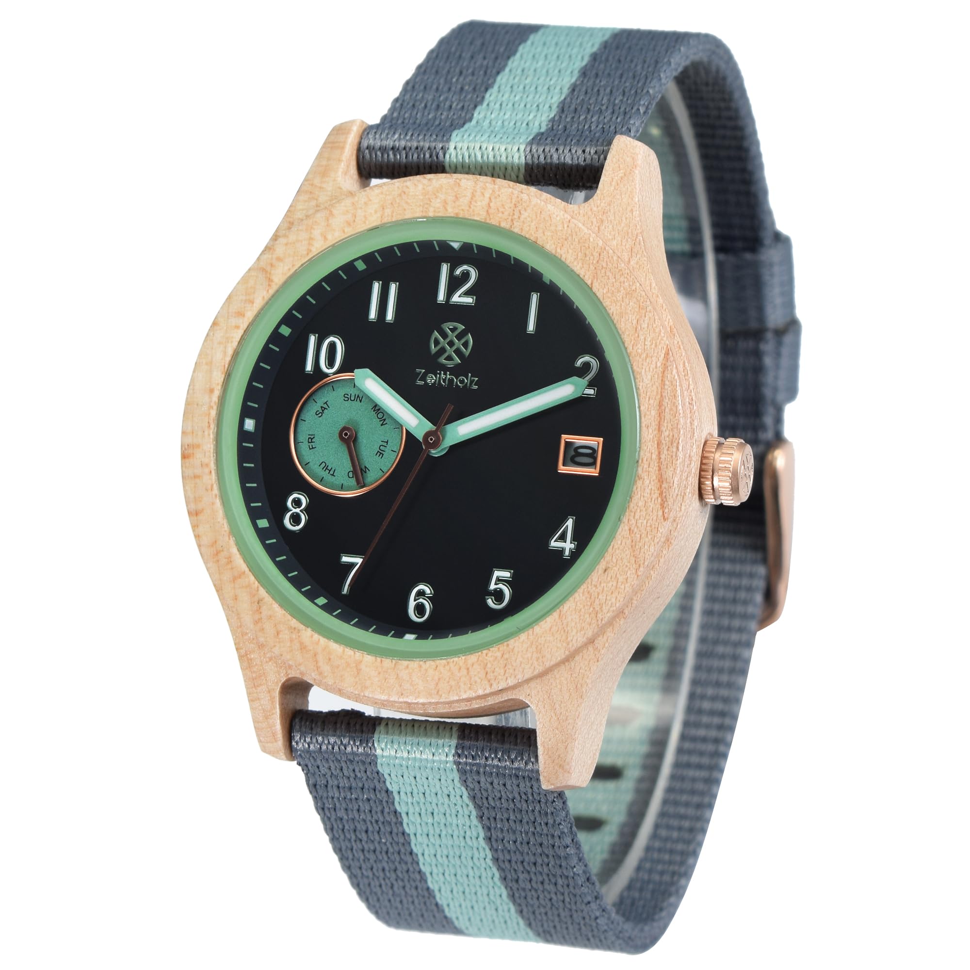 Orologio da uomo in legno Thum - cassa in legno 40 mm - calendario mensile - lancette luminose - orologio ecologico leggero con cinturino in tessuto 20 mm.